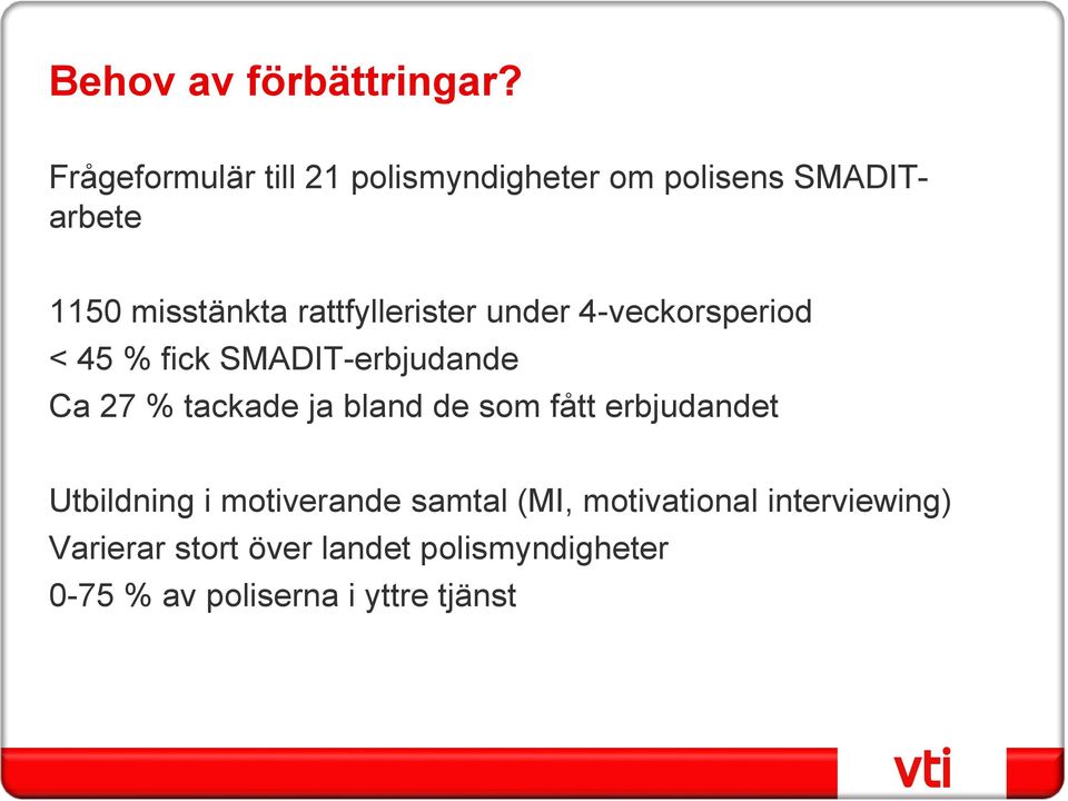 rattfyllerister under 4-veckorsperiod < 45 % fick SMADIT-erbjudande Ca 27 % tackade ja