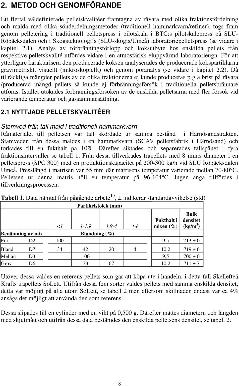 2.1). Analys av förbränningsförlopp och koksutbyte hos enskilda pellets från respektive pelletskvalité utfördes vidare i en atmosfärisk eluppvärmd laboratorieugn.