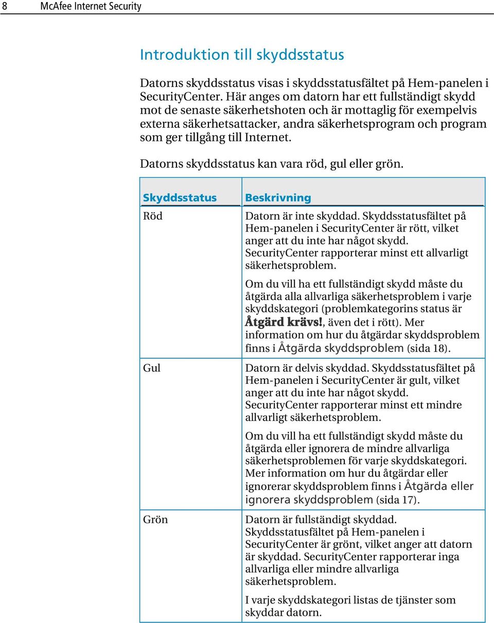 Internet. Datorns skyddsstatus kan vara röd, gul eller grön. Skyddsstatus Röd Gul Grön Beskrivning Datorn är inte skyddad.