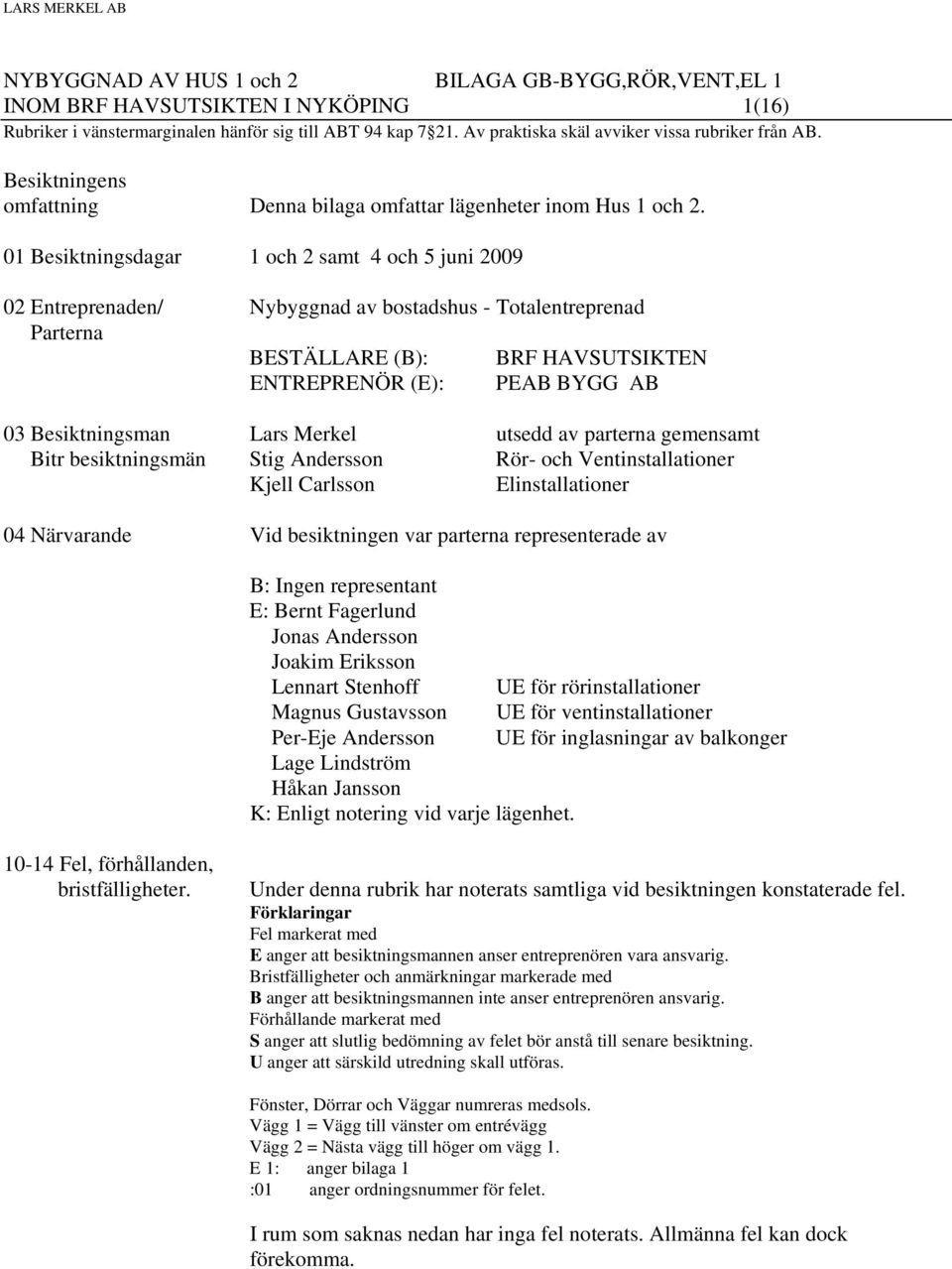 01 Besiktningsdagar 1 och 2 samt 4 och 5 juni 2009 02 Entreprenaden/ Nybyggnad av bostadshus - Totalentreprenad Parterna BESTÄLLARE (B): BRF HAVSUTSIKTEN ENTREPRENÖR (E): PEAB BYGG AB 03