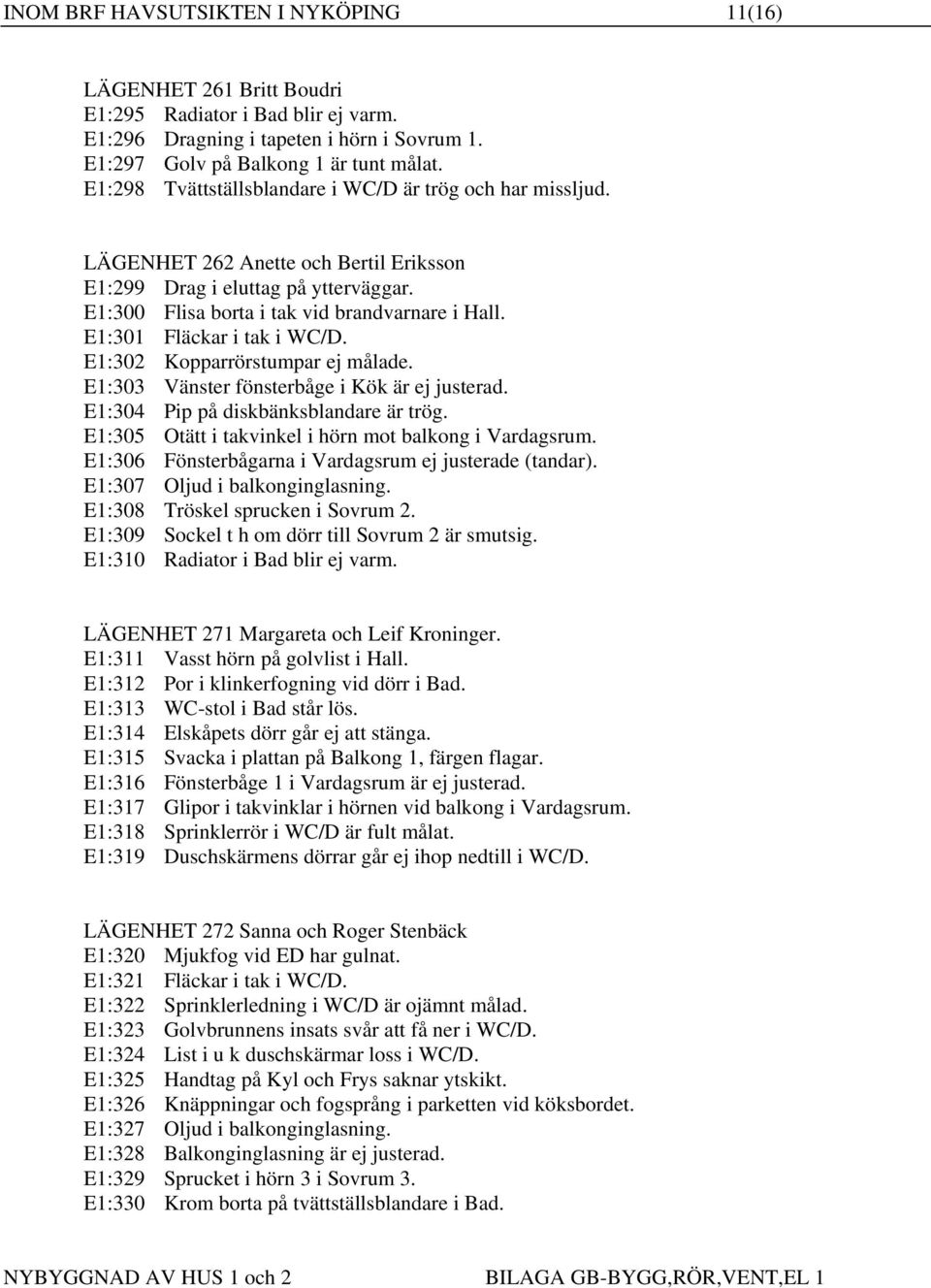 E1:301 Fläckar i tak i WC/D. E1:302 Kopparrörstumpar ej målade. E1:303 Vänster fönsterbåge i Kök är ej justerad. E1:304 Pip på diskbänksblandare är trög.