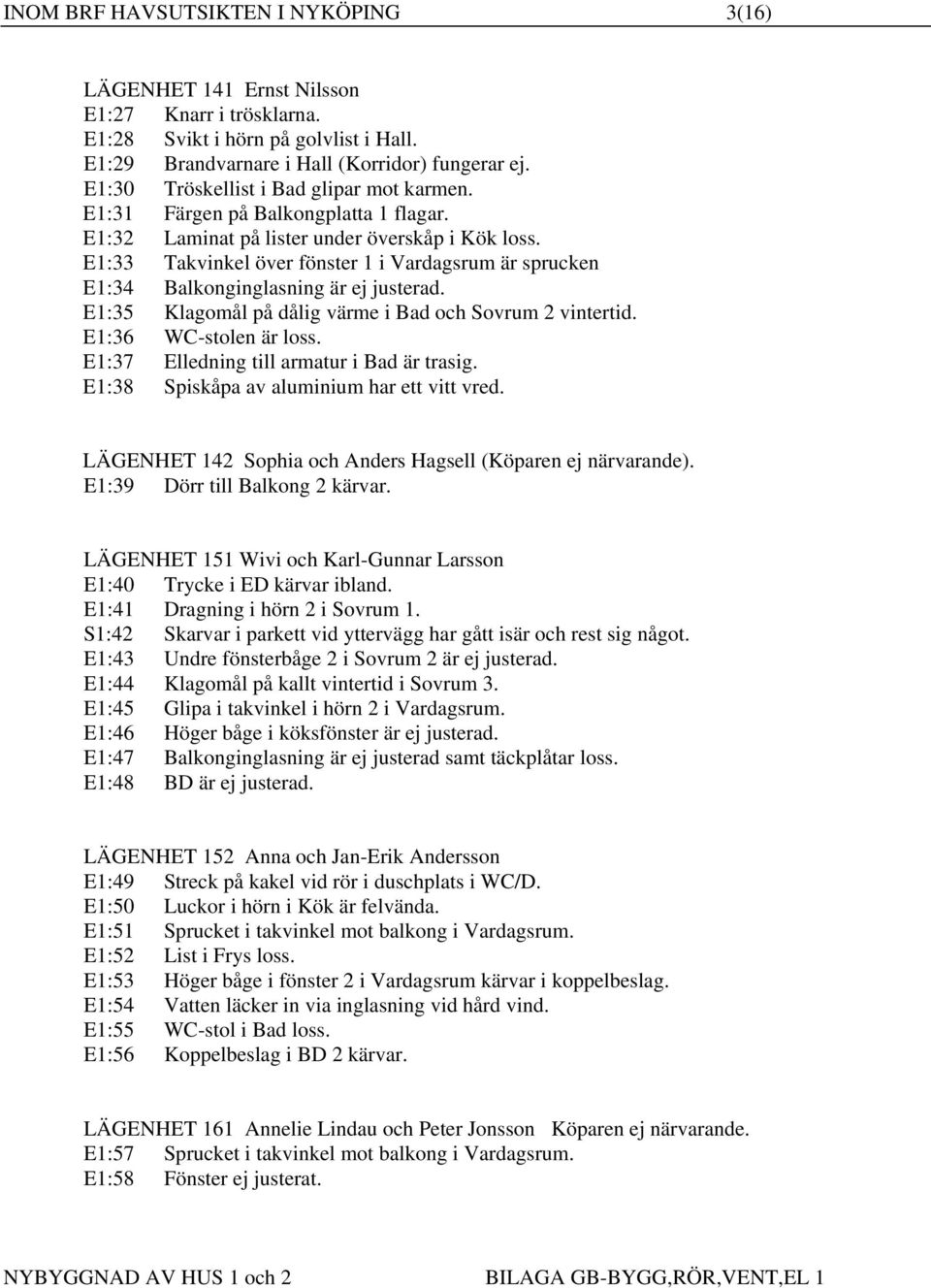 E1:33 Takvinkel över fönster 1 i Vardagsrum är sprucken E1:34 Balkonginglasning är ej justerad. E1:35 Klagomål på dålig värme i Bad och Sovrum 2 vintertid. E1:36 WC-stolen är loss.