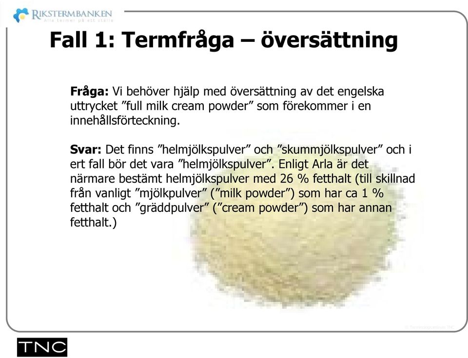 Svar: Det finns helmjölkspulver och skummjölkspulver och i ert fall bör det vara helmjölkspulver.