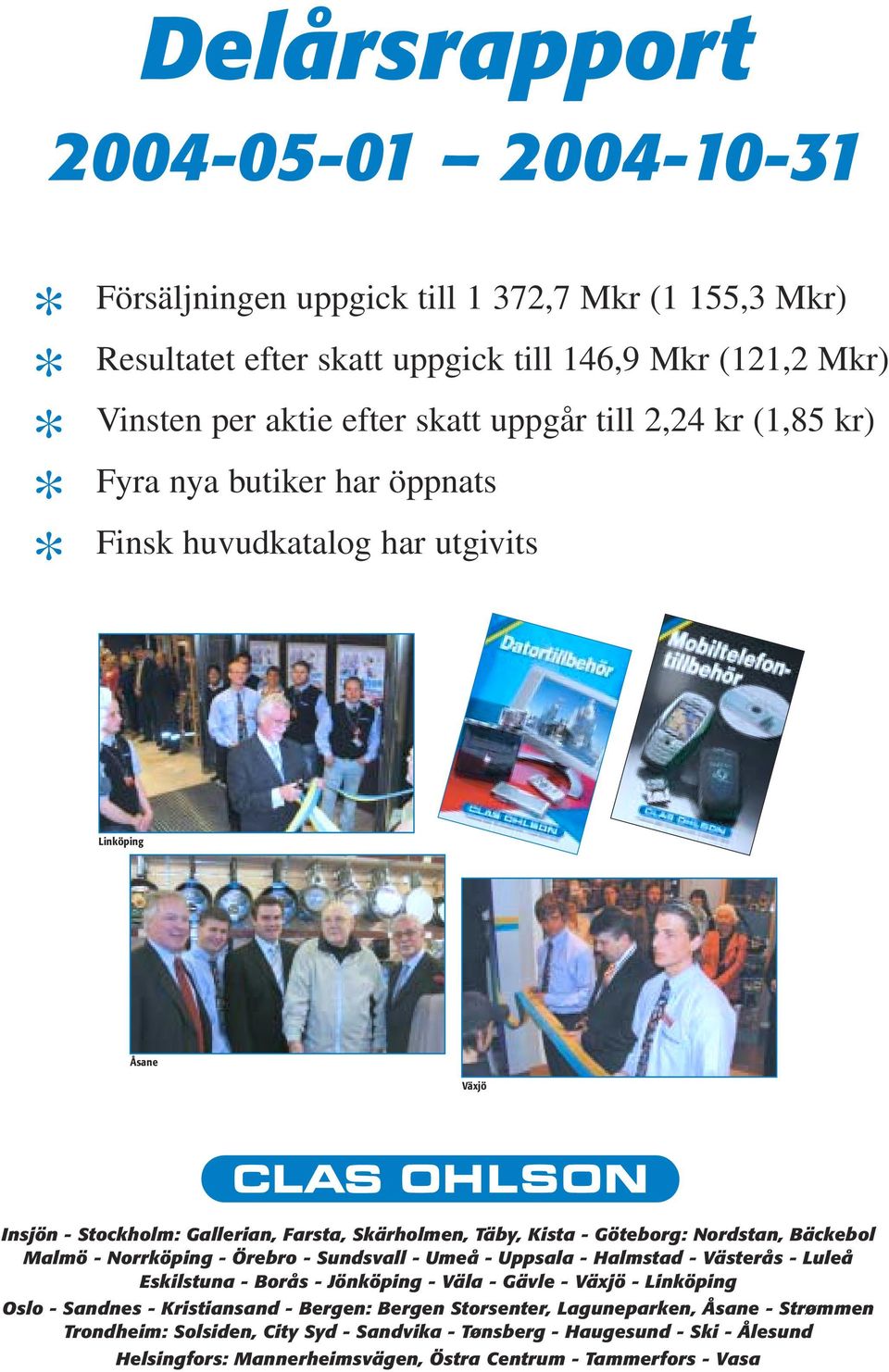 Bäckebol Malmö - Norrköping - Örebro - Sundsvall - Umeå - Uppsala - Halmstad - Västerås - Luleå Eskilstuna - Borås - Jönköping - Väla - Gävle - Växjö - Linköping Oslo - Sandnes - Kristiansand