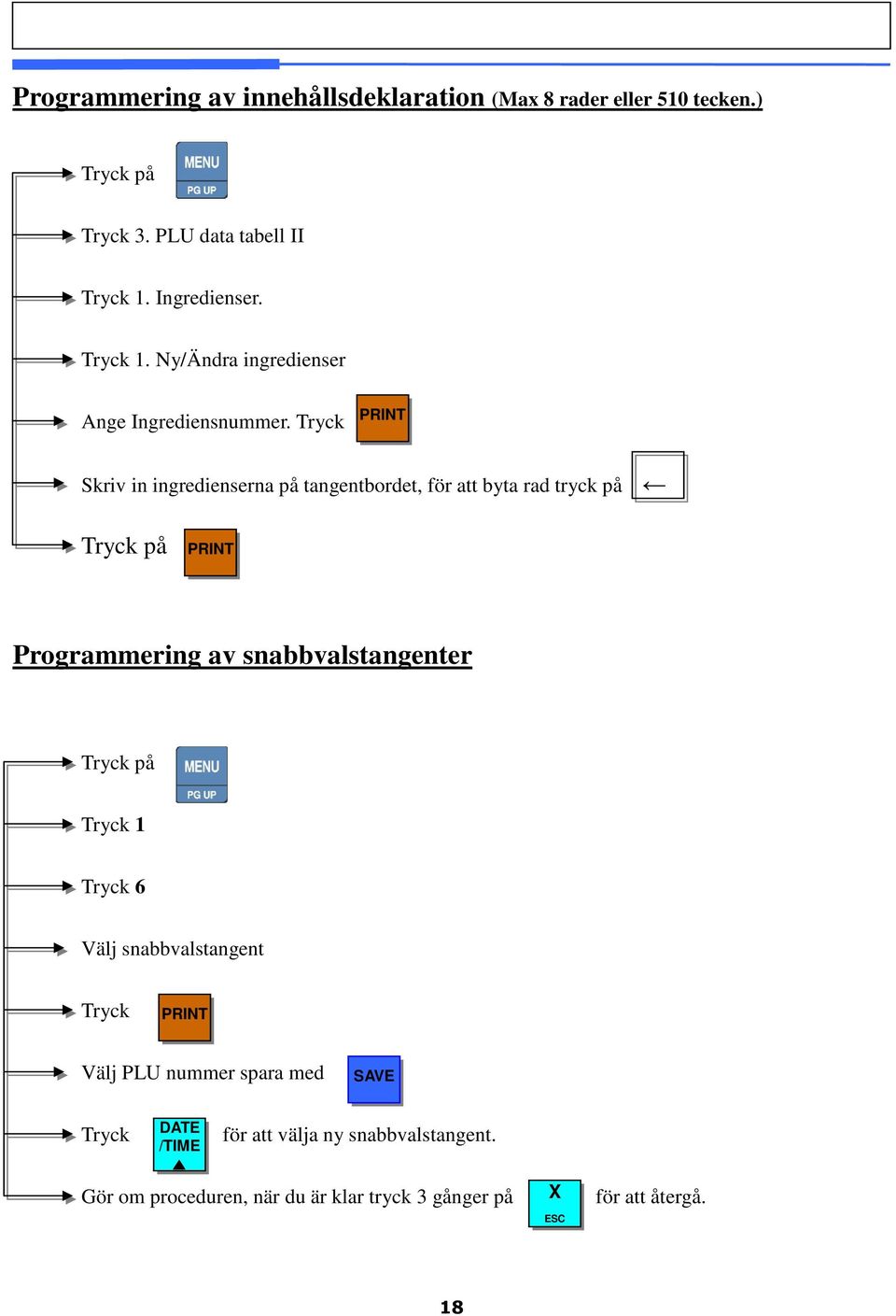 Skriv in ingredienserna på tangentbordet, för att byta rad tryck på på Programmering av snabbvalstangenter på 1