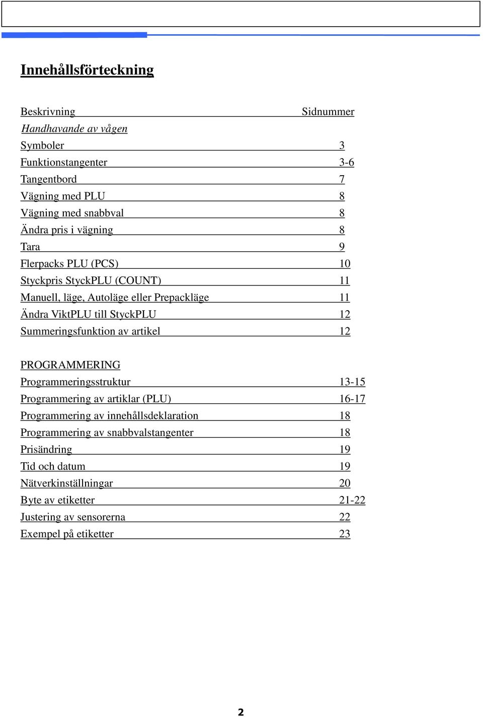 Summeringsfunktion av artikel 12 PROGRAMMERING Programmeringsstruktur 13-15 Programmering av artiklar (PLU) 16-17 Programmering av innehållsdeklaration 18