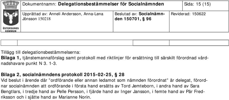 Bilaga 2, socialnämndens protokoll 2015-02-25, 28 Vid beslut i ärende där ordförande eller annan förordnat är delegat, förordnar socialnämnden att