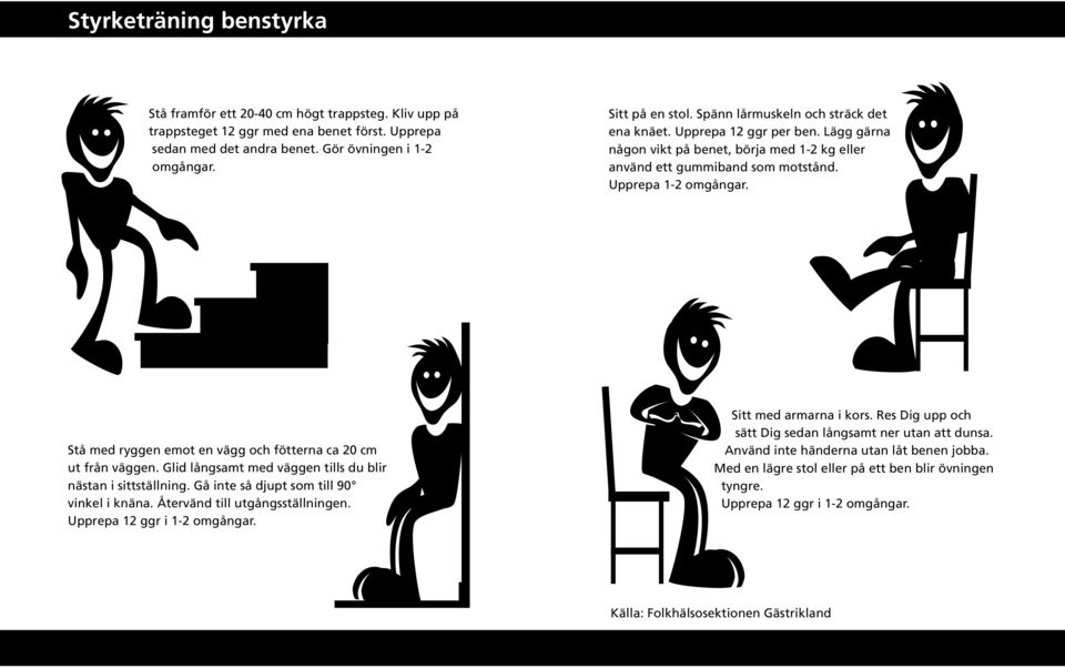 Stå med ryggen emot en vägg och fötterna ca 20 cm ut från väggen. Glid långsamt med väggen tills du blir nästan i sittställning. Gå inte så djupt som till 90 vinkel i knäna.