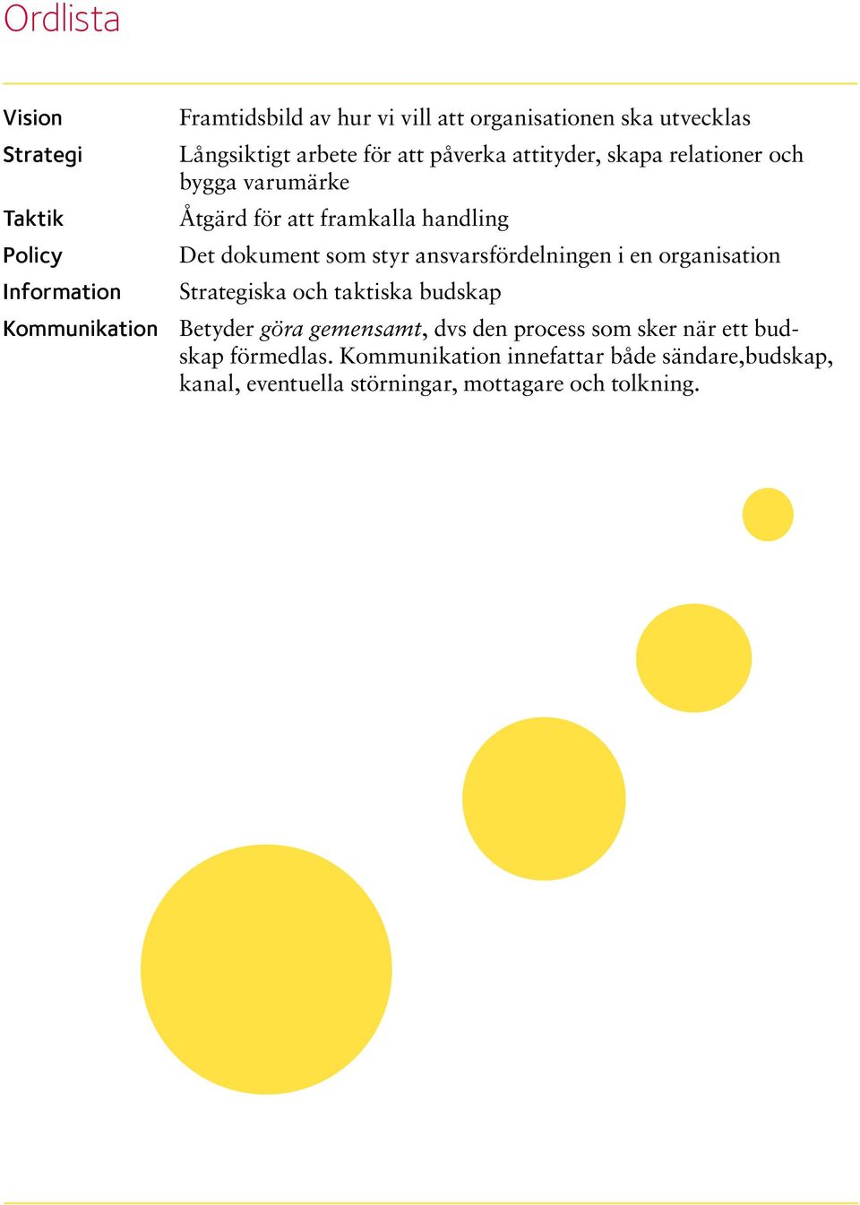 ansvarsfördelningen i en organisation Strategiska och taktiska budskap Kommunikation Betyder göra gemensamt, dvs den process som