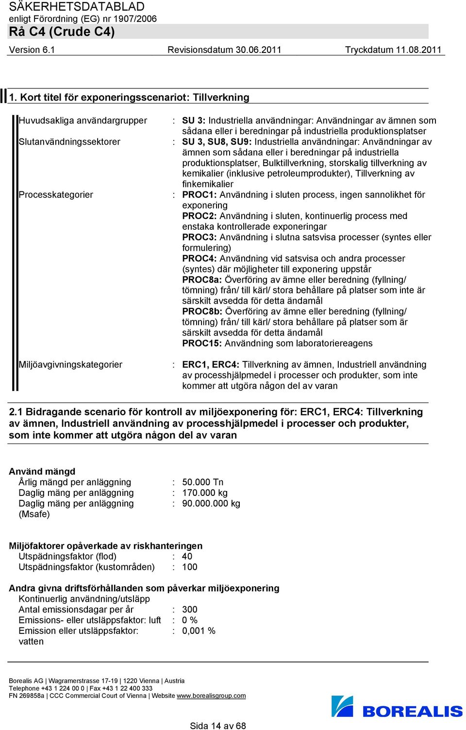 produktionsplatser, Bulktillverkning, storskalig tillverkning av kemikalier (inklusive petroleumprodukter), Tillverkning av finkemikalier : PROC1: Användning i sluten process, ingen sannolikhet för
