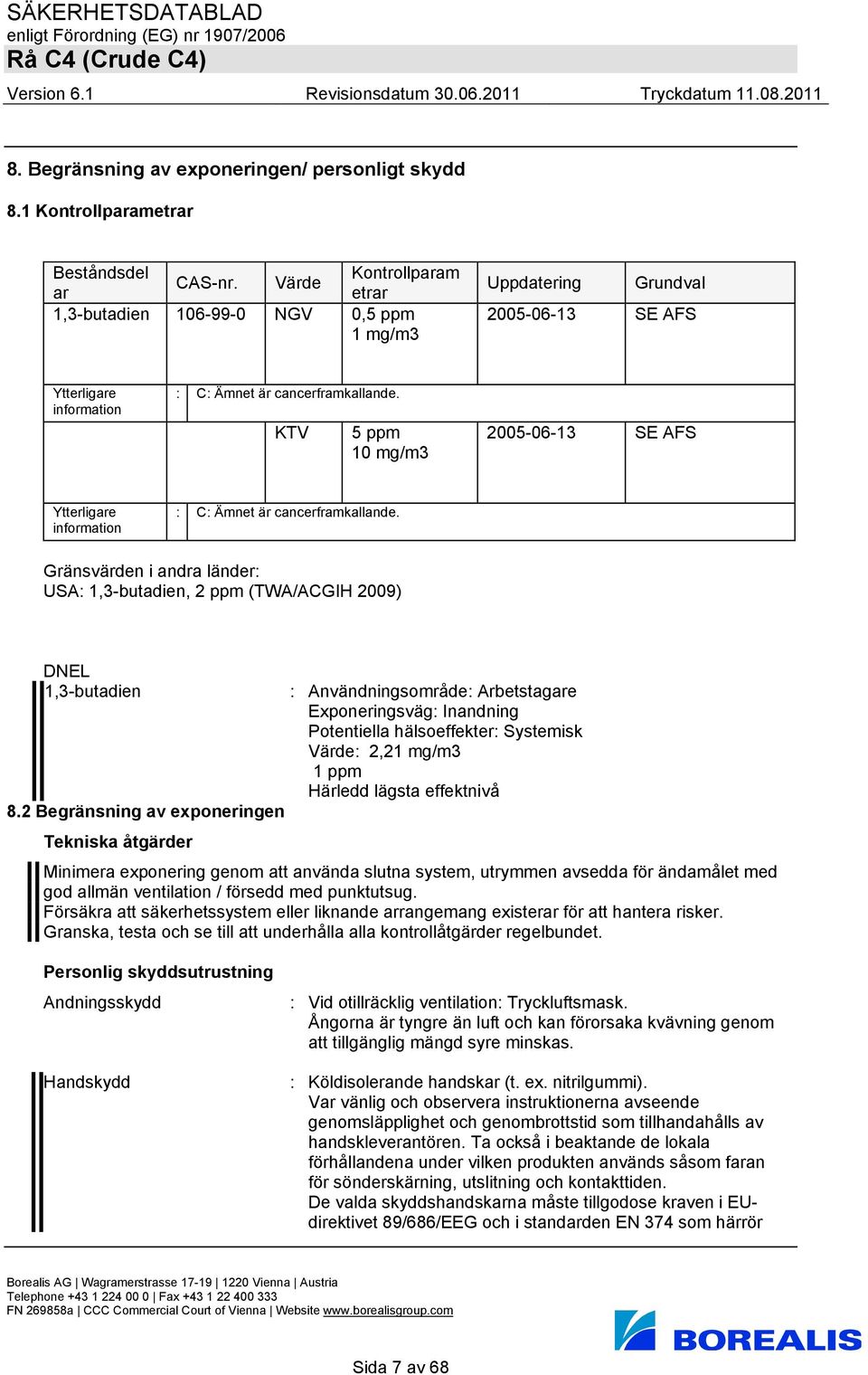 KTV 5 ppm 10 mg/m3 2005-06-13 SE AFS Ytterligare information : C: Ämnet är cancerframkallande. Gränsvärden i andra länder: USA: 1,3-butadien, 2 ppm (TWA/ACGIH 2009) DNEL 1,3-butadien 8.