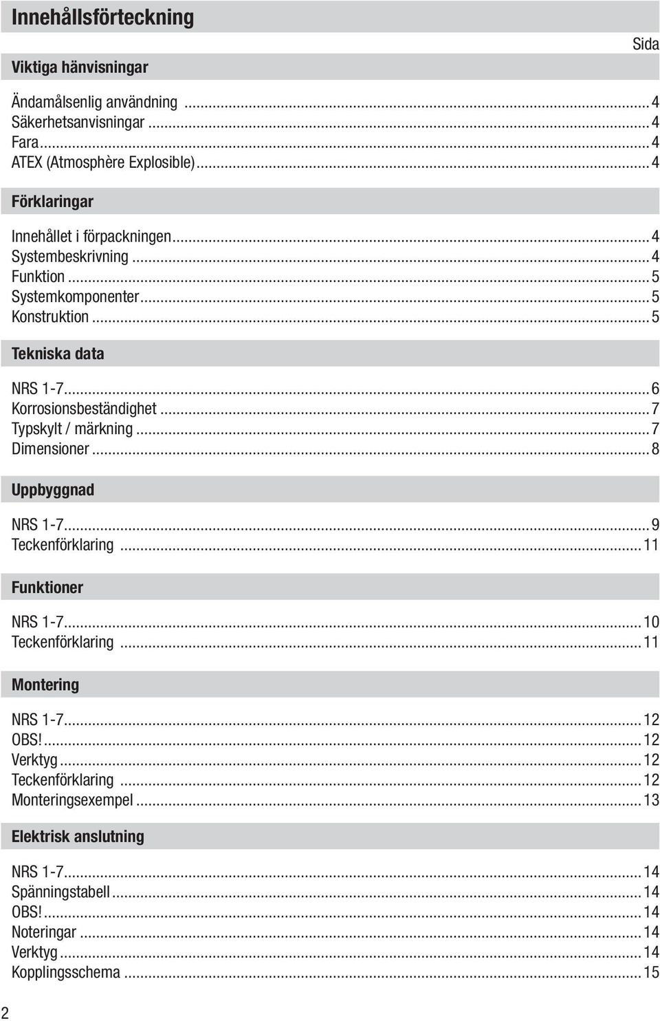 ..6 Korrosionsbeständighet...7 Typskylt / märkning...7 Dimensioner...8 Uppbyggnad NRS 1-7...9 Teckenförklaring...11 Funktioner NRS 1-7...10 Teckenförklaring.