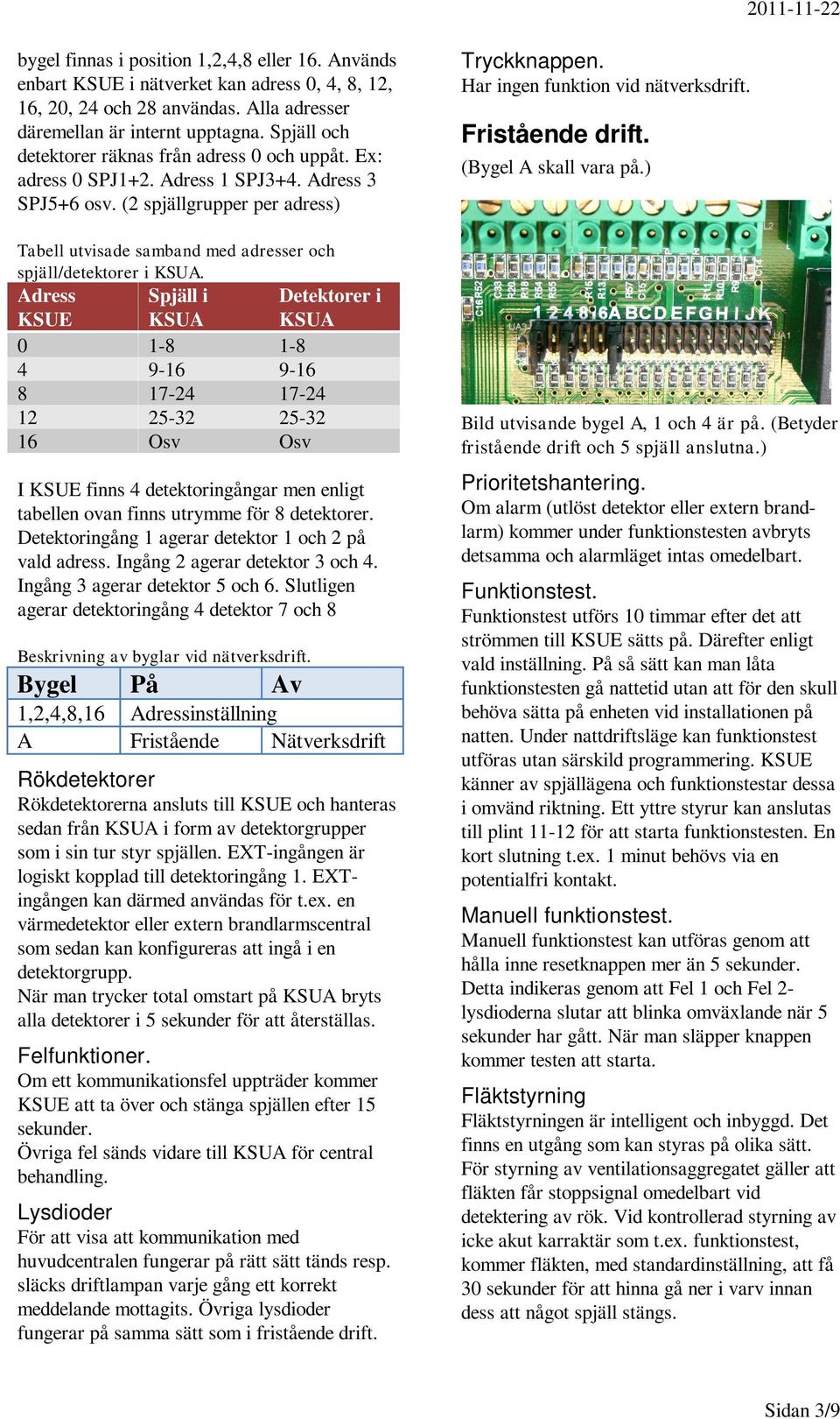 (2 spjällgrupper per adress) Tabell utvisade samband med adresser och spjäll/detektorer i KSUA.