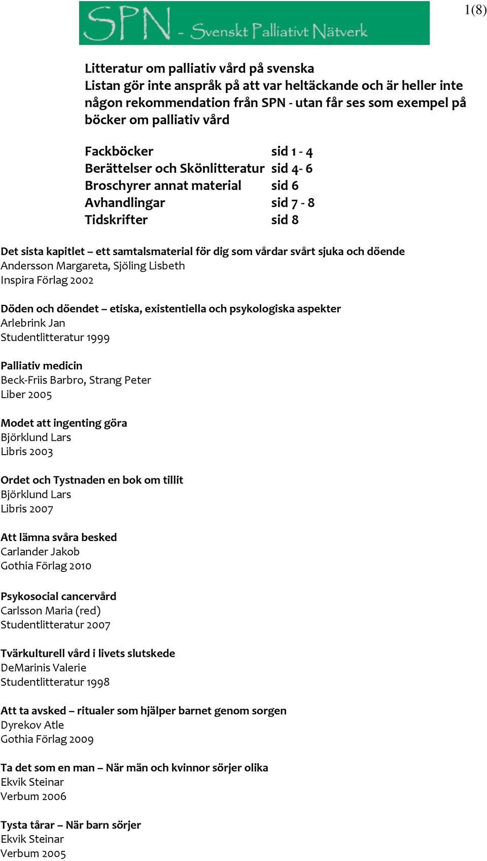 och döende Andersson Margareta, Sjöling Lisbeth Inspira Förlag 2002 Döden och döendet etiska, existentiella och psykologiska aspekter Arlebrink Jan Studentlitteratur 1999 Palliativ medicin Beck Friis