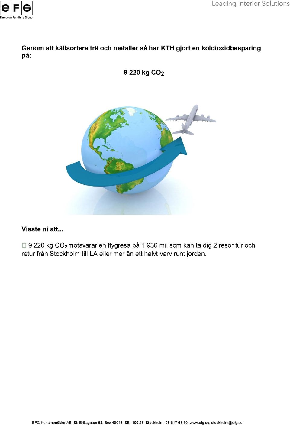 .. 9 220 kg CO 2 motsvarar en flygresa på 1 936 mil som kan ta