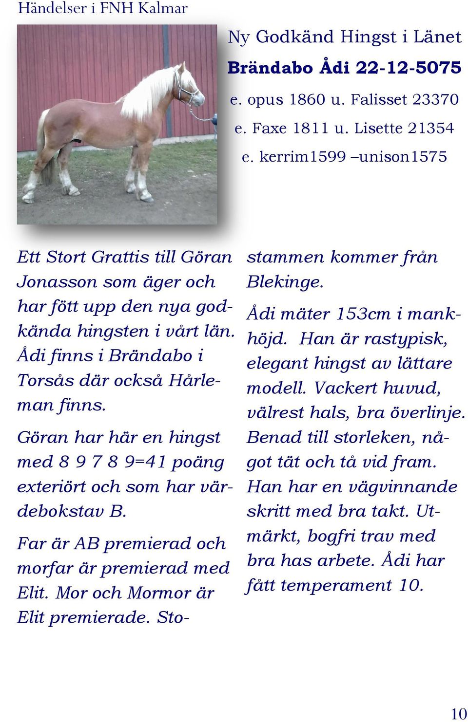 Göran har här en hingst med 8 9 7 8 9=41 poäng exteriört och som har värdebokstav B. Far är AB premierad och morfar är premierad med Elit. Mor och Mormor är Elit premierade.