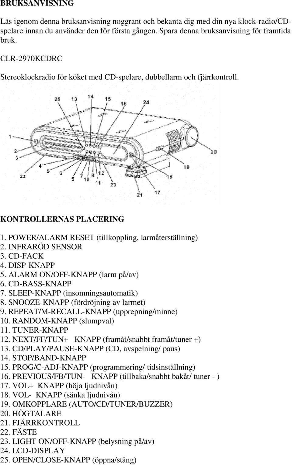 DISP-KNAPP 5. ALARM ON/OFF-KNAPP (larm på/av) 6. CD-BASS-KNAPP 7. SLEEP-KNAPP (insomningsautomatik) 8. SNOOZE-KNAPP (fördröjning av larmet) 9. REPEAT/M-RECALL-KNAPP (upprepning/minne) 10.