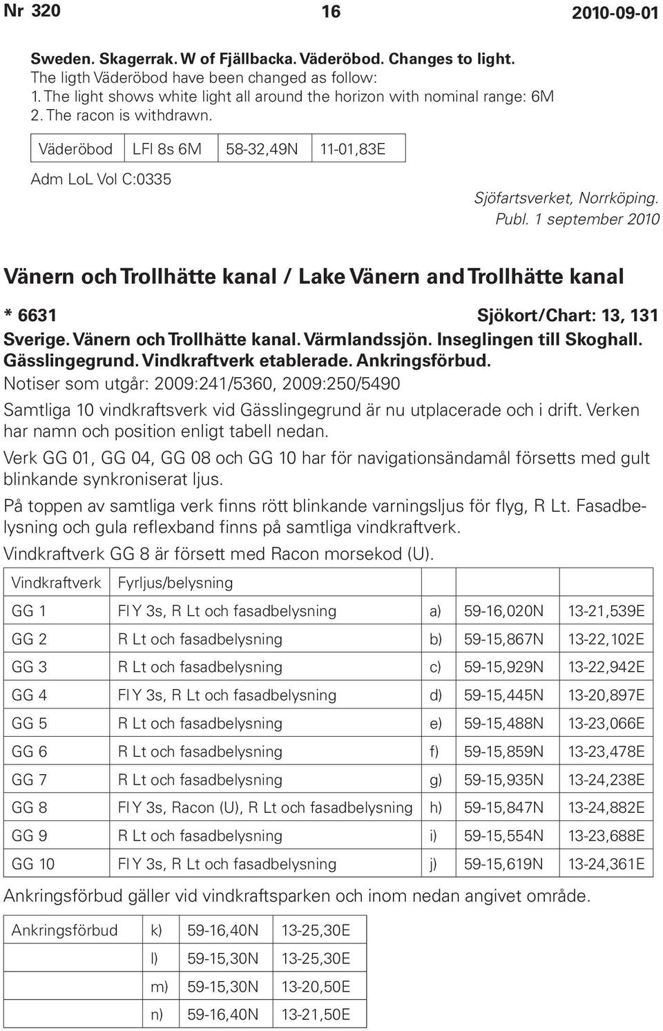 1 september 2010 Vänern och Trollhätte kanal / Lake Vänern and Trollhätte kanal * 6631 Sjökort/Chart: 13, 131 Sverige. Vänern och Trollhätte kanal. Värmlandssjön. Inseglingen till Skoghall.