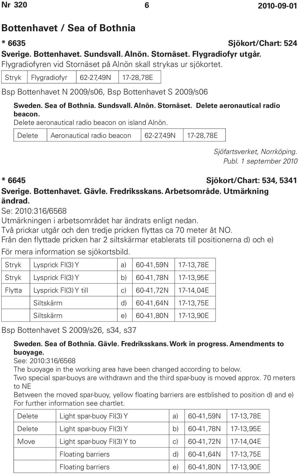 Delete aeronautical radio beacon on island Alnön. Delete Aeronautical radio beacon 62-27,49N 17-28,78E Sjöfartsverket, Norrköping. Publ. 1 september 2010 * 6645 Sjökort/Chart: 534, 5341 Sverige.