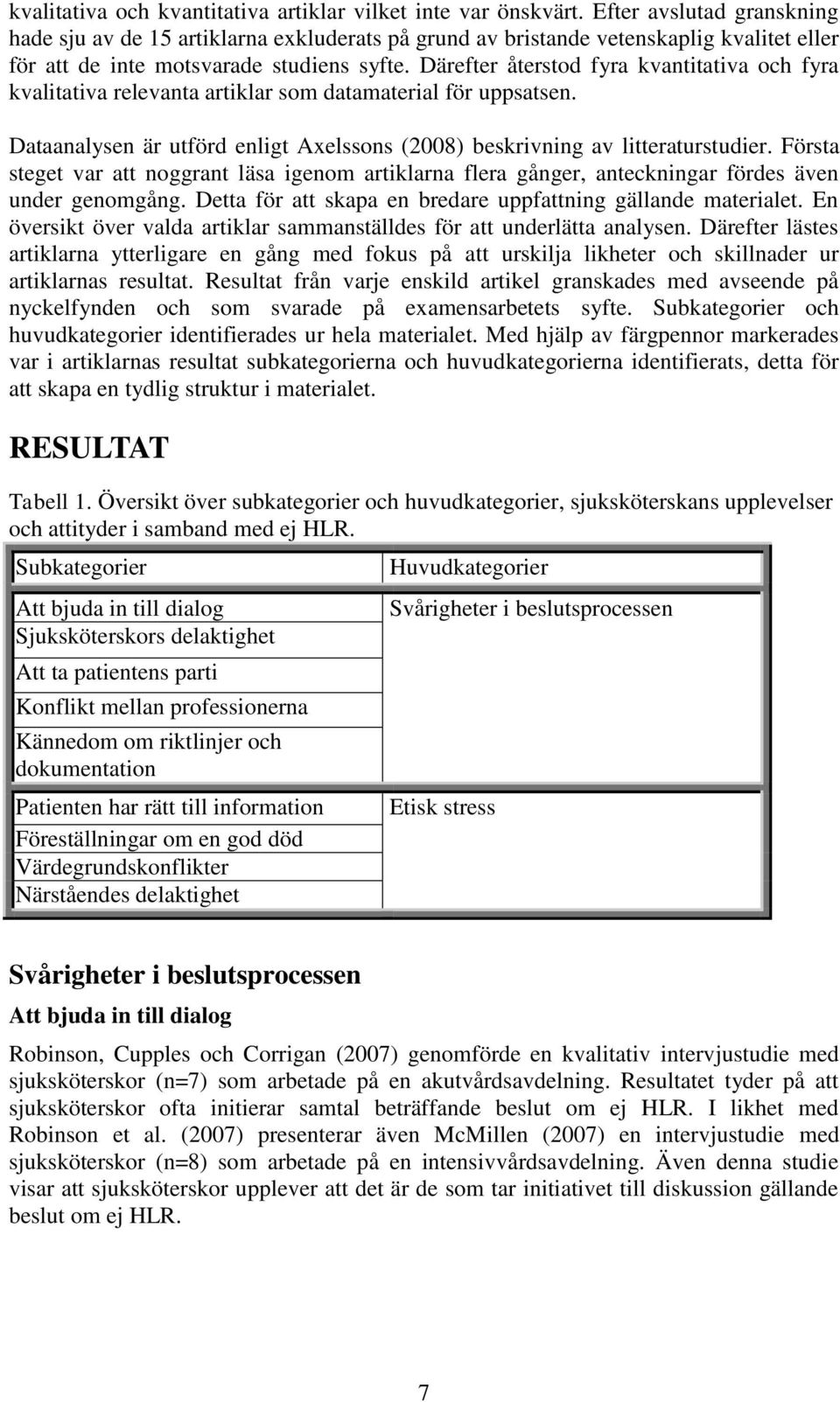 Därefter återstod fyra kvantitativa och fyra kvalitativa relevanta artiklar som datamaterial för uppsatsen. Dataanalysen är utförd enligt Axelssons (2008) beskrivning av litteraturstudier.