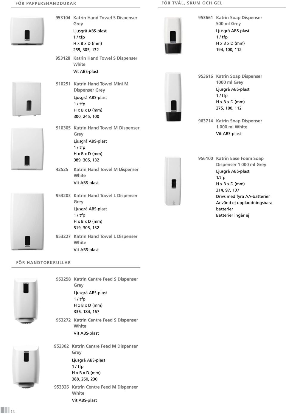 Dispenser 500 ml Grey 194, 100, 112 953616 Katrin Soap Dispenser 1000 ml Grey 275, 100, 112 963714 Katrin Soap Dispenser 1 000 ml Vit ABS-plast 956100 Katrin Ease Foam Soap Dispenser 1 000 ml Grey