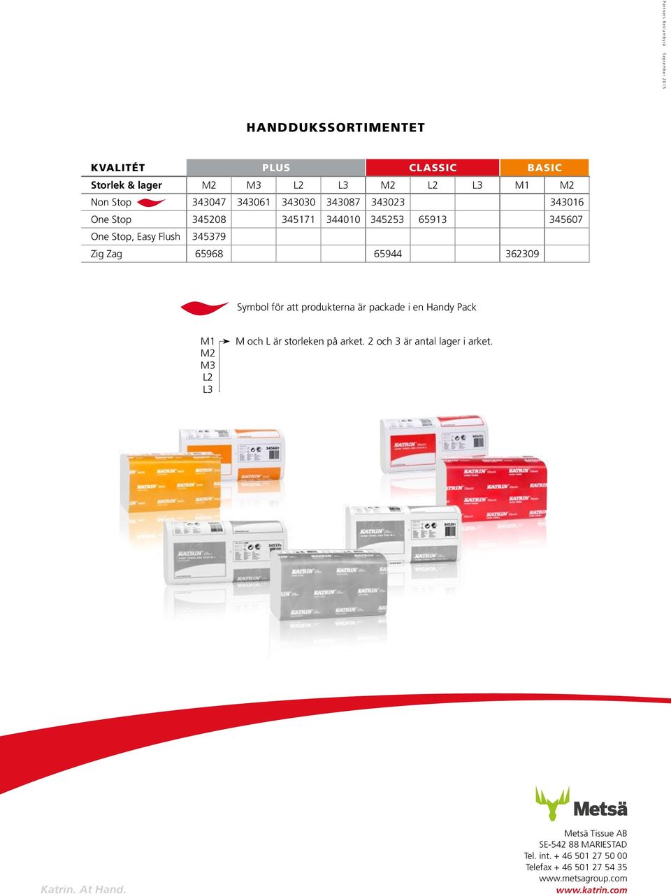 65944 362309 Symbol för att produkterna är packade i en Handy Pack M1 M2 M3 L2 L3 M och L är storleken på arket.