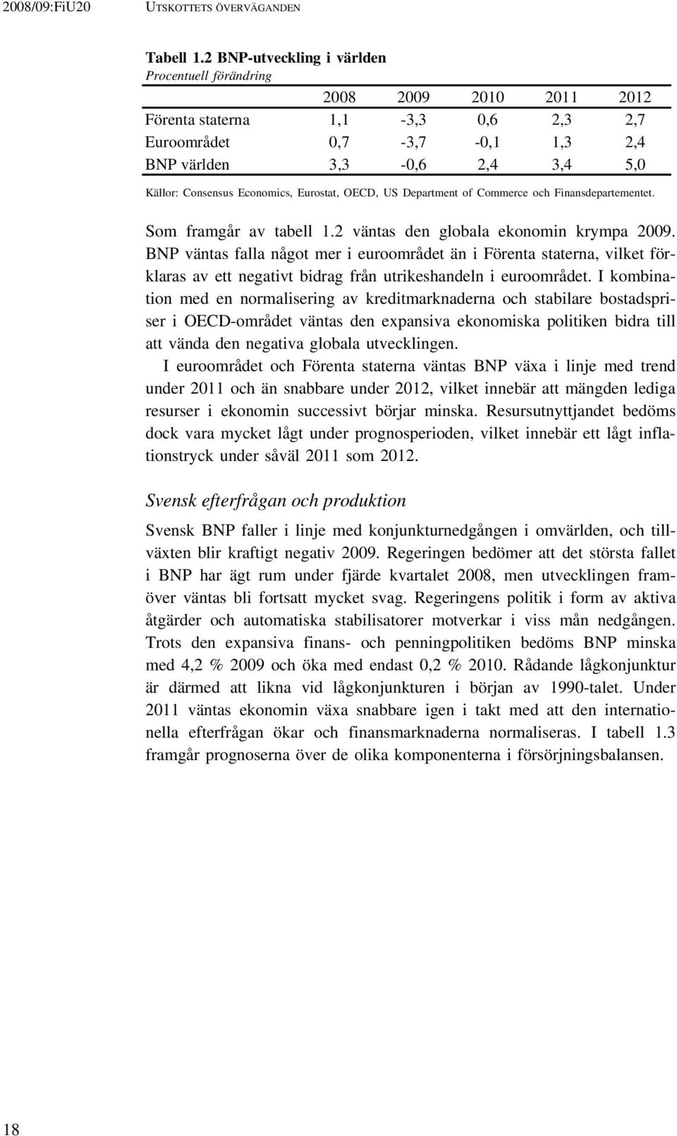 Economics, Eurostat, OECD, US Department of Commerce och Finansdepartementet. Som framgår av tabell 1.2 väntas den globala ekonomin krympa 2009.