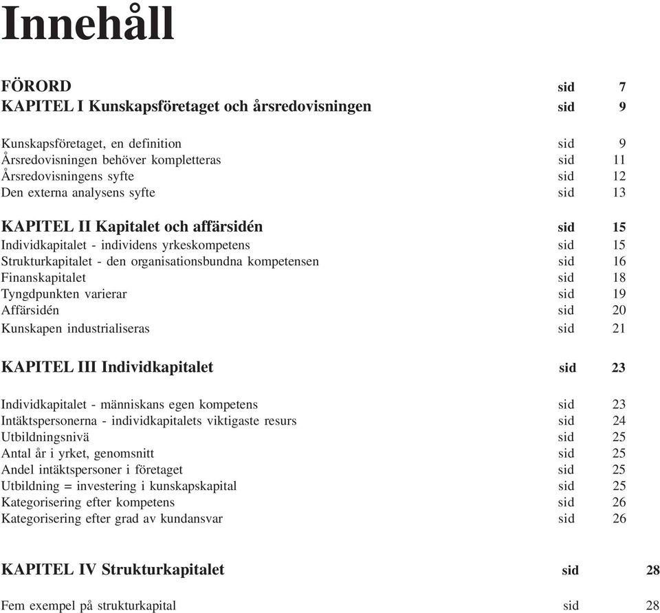 Finanskapitalet sid 18 Tyngdpunkten varierar sid 19 Affärsidén sid 20 Kunskapen industrialiseras sid 21 KAPITEL III Individkapitalet sid 23 Individkapitalet - människans egen kompetens sid 23