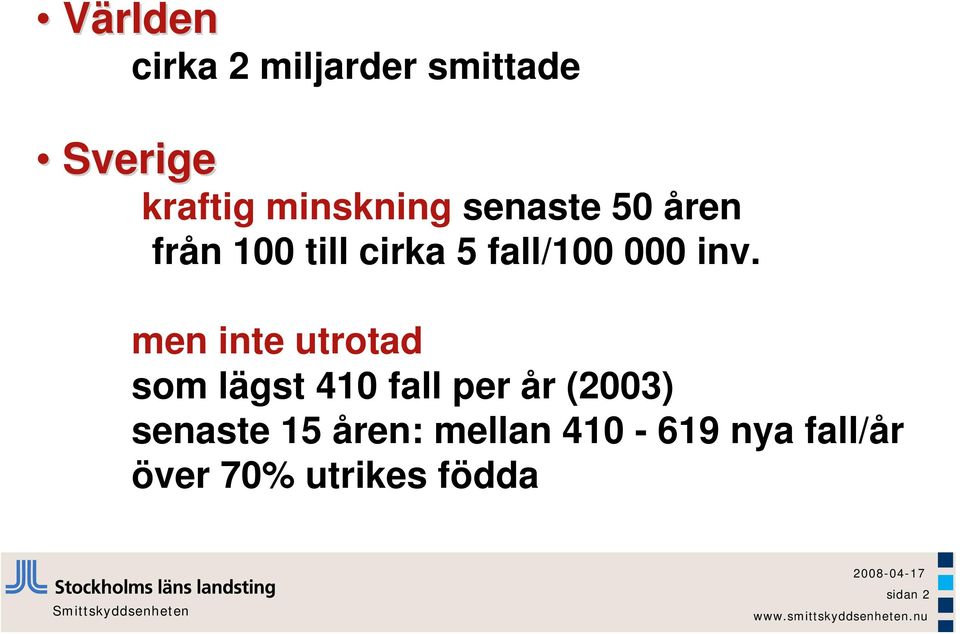 men inte utrotad som lägst 410 fall per år (2003) senaste 15