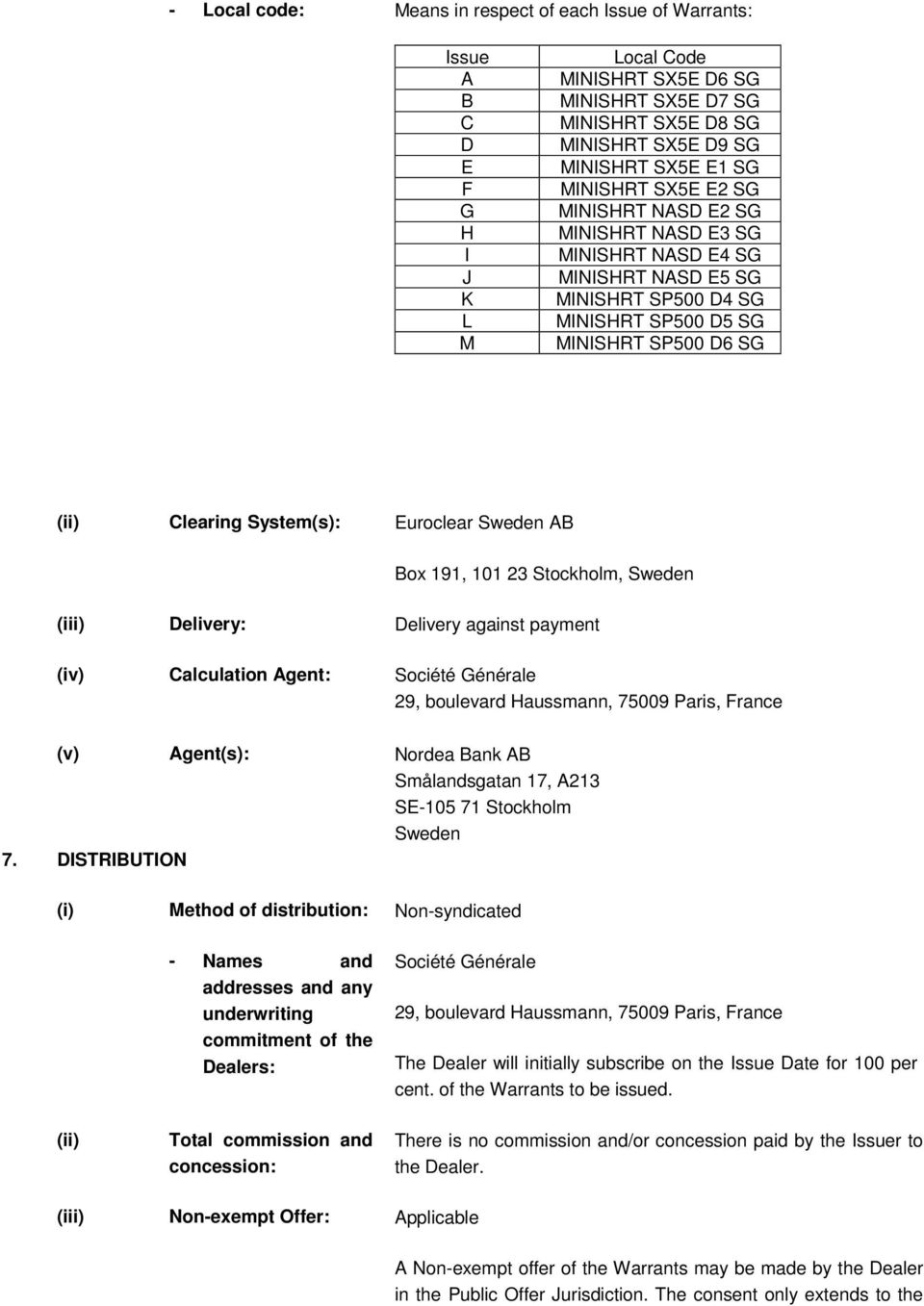 Euroclear Sweden AB Box 191, 101 23 Stockholm, Sweden (iii) Delivery: Delivery against payment (iv) Calculation Agent: Société Générale 29, boulevard Haussmann, 75009 Paris, France (v) Agent(s):