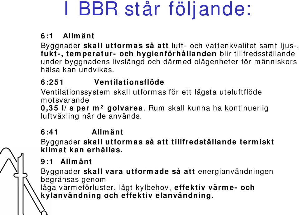 6:251 Ventilationsflöde Ventilationssystem skall utformas för ett lägsta uteluftflöde motsvarande 0,35 l/s per m² golvarea.