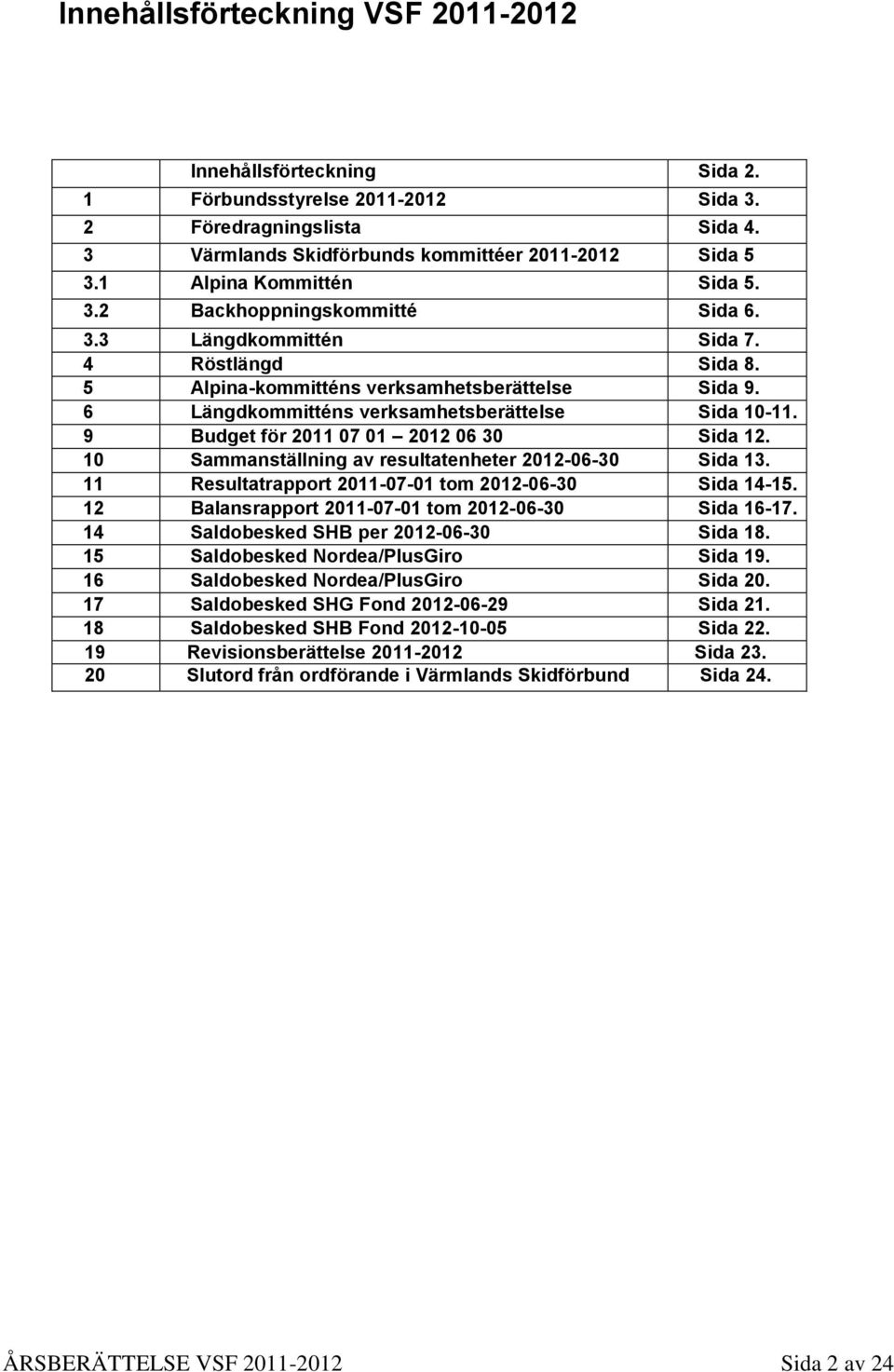 6 Längdkommitténs verksamhetsberättelse Sida 10-11. 9 Budget för 2011 07 01 2012 06 30 Sida 12. 10 Sammanställning av resultatenheter 2012-06-30 Sida 13.