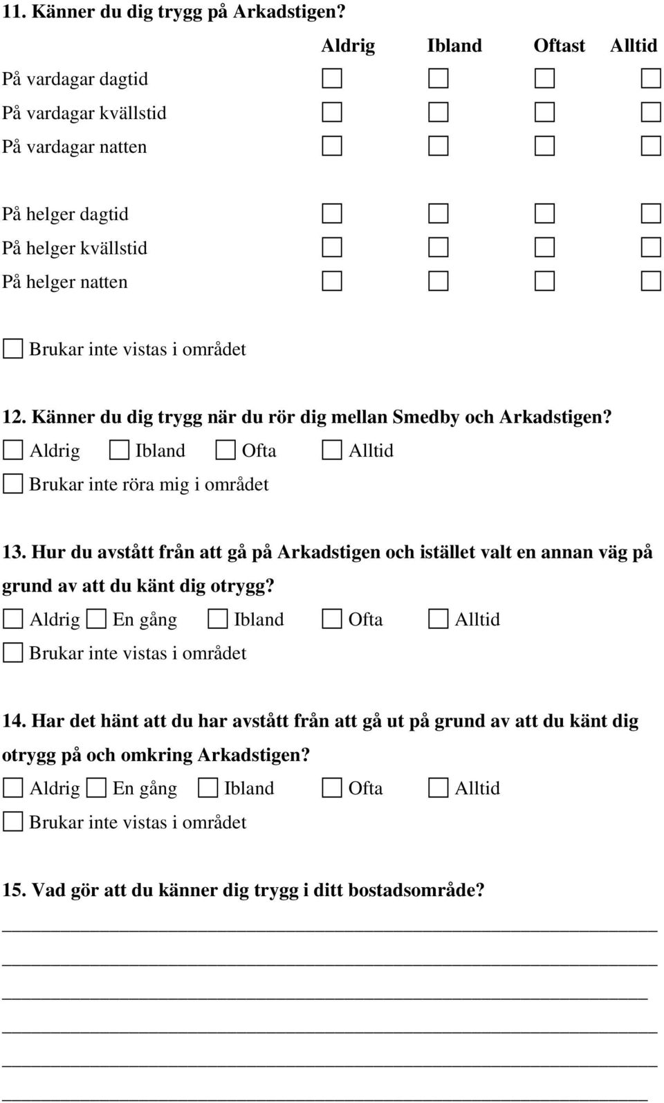 Känner du dig trygg när du rör dig mellan Smedby och Arkadstigen? Aldrig Ibland Ofta Alltid Brukar inte röra mig i området 13.