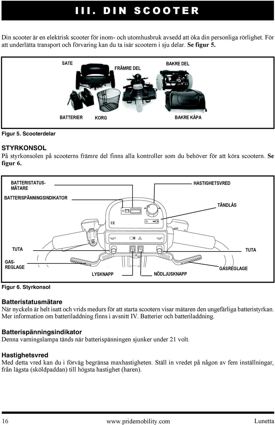 Se figur 6. BATTERISTATUS- MÄTARE BATTERISPÄNNINGSINDIKATOR HASTIGHETSVRED TÄNDLÅS TUTA TUTA GAS- REGLAGE LYSKNAPP NÖDLJUSKNAPP GASREGLAGE Figur 6.