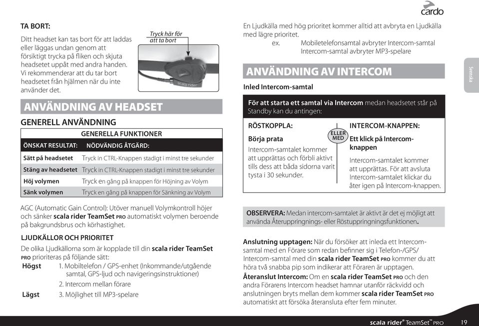 ANVÄNDNING AV HEADSET GENERELL ANVÄNDNING GENERELLA FUNKTIONER ÖNSKAT RESULTAT: NÖDVÄNDIG ÅTGÄRD: Tryck här för att ta bort Sätt på headsetet Tryck in CTRL-Knappen stadigt i minst tre sekunder Stäng