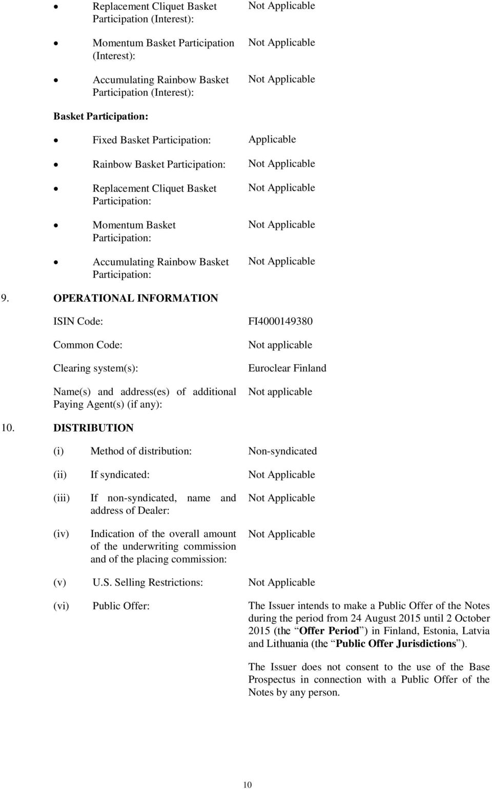 OPERATIONAL INFORMATION ISIN Code: Common Code: Clearing system(s): Name(s) and address(es) of additional Paying Agent(s) (if any): FI4000149380 Not applicable Euroclear Finland Not applicable 10.