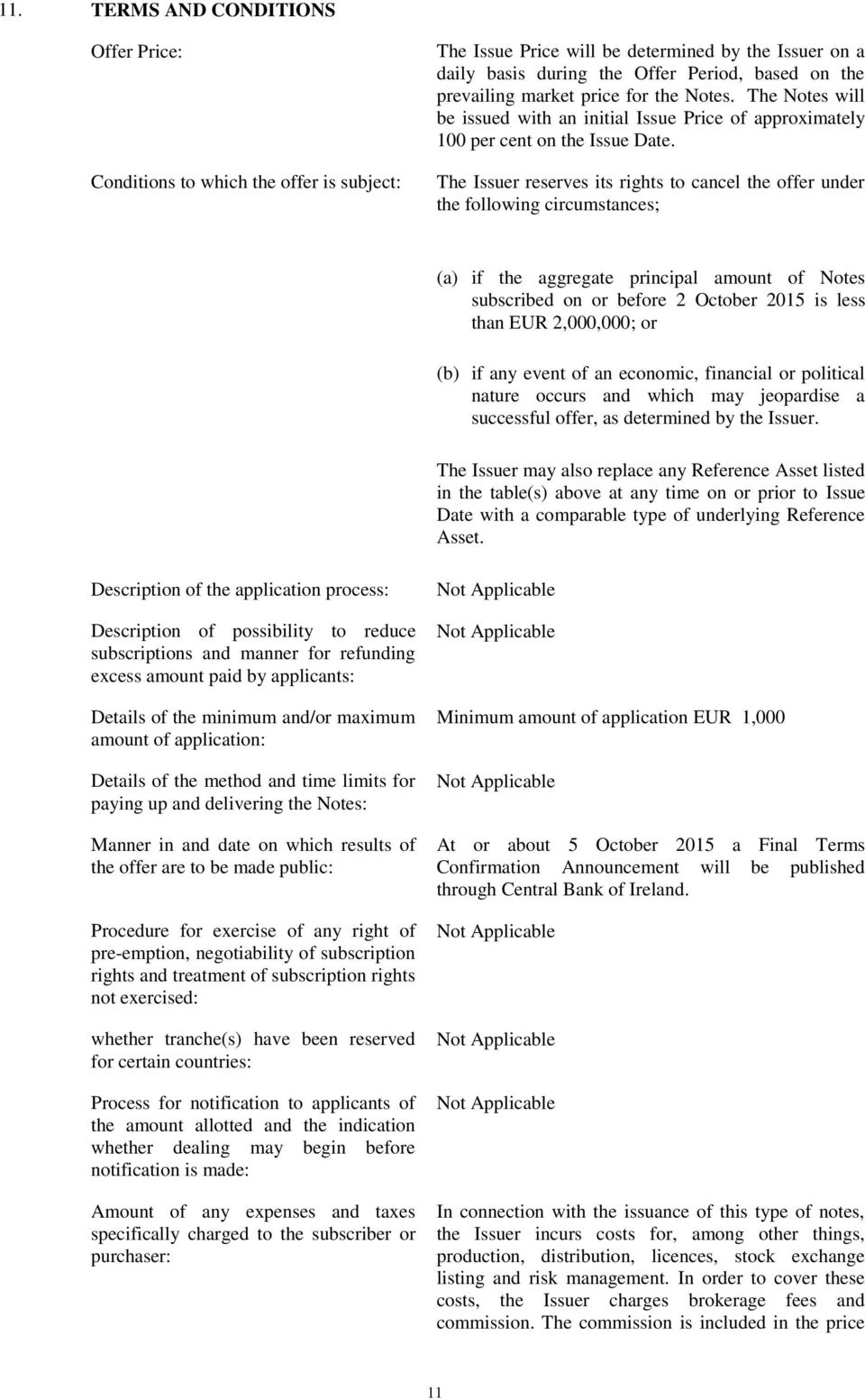 The Issuer reserves its rights to cancel the offer under the following circumstances; (a) if the aggregate principal amount of Notes subscribed on or before 2 October 2015 is less than EUR 2,000,000;