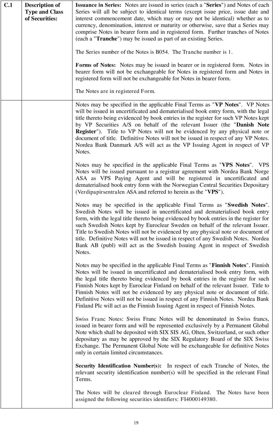 form and in registered form. Further tranches of Notes (each a "Tranche") may be issued as part of an existing Series. The Series number of the Notes is B054. The Tranche number is 1.