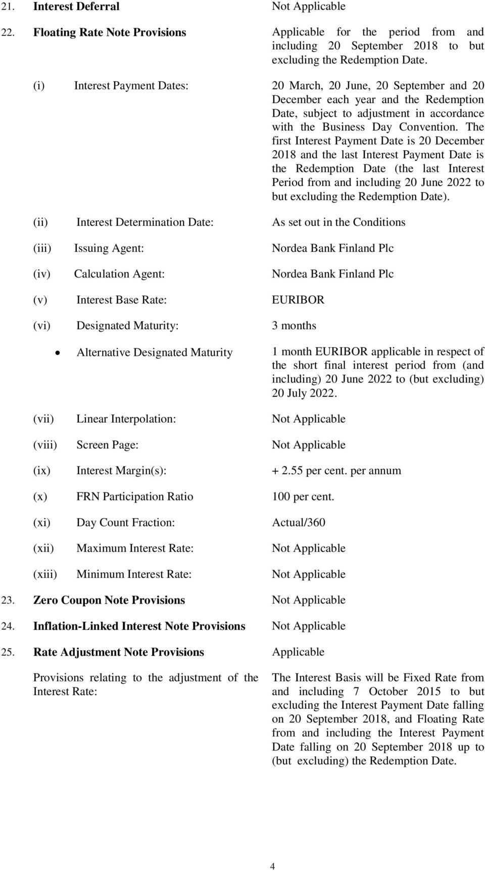 The first Interest Payment Date is 20 December 2018 and the last Interest Payment Date is the Redemption Date (the last Interest Period from and including 20 June 2022 to but excluding the Redemption