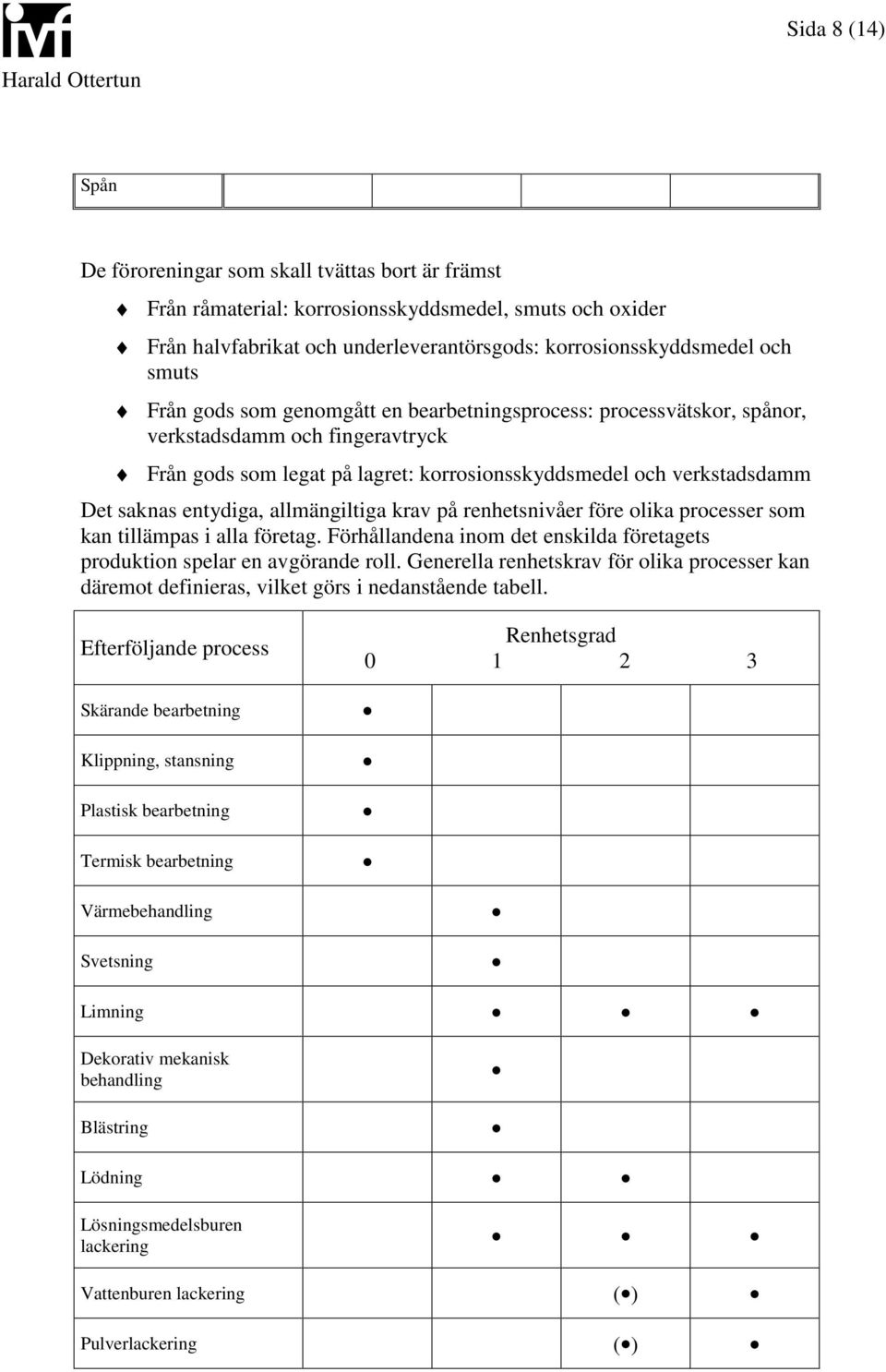 allmängiltiga krav på renhetsnivåer före olika processer som kan tillämpas i alla företag. Förhållandena inom det enskilda företagets produktion spelar en avgörande roll.