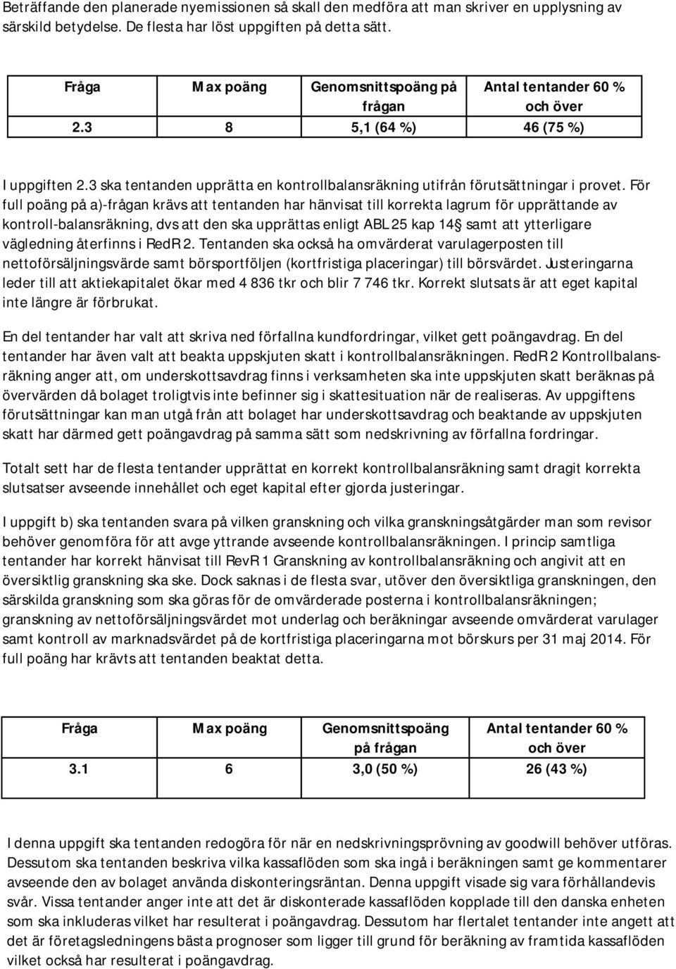 För full poäng på a)- krävs att tentanden har hänvisat till korrekta lagrum för upprättande av kontroll-balansräkning, dvs att den ska upprättas enligt ABL 25 kap 14 samt att ytterligare vägledning