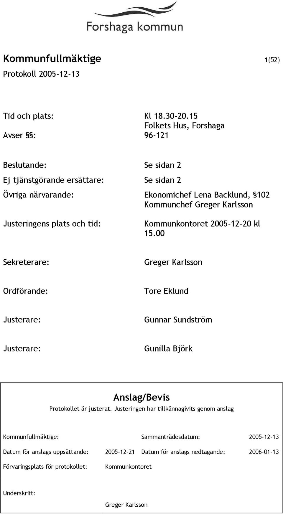 Karlsson Justeringens plats och tid: Kommunkontoret 2005-12-20 kl 15.