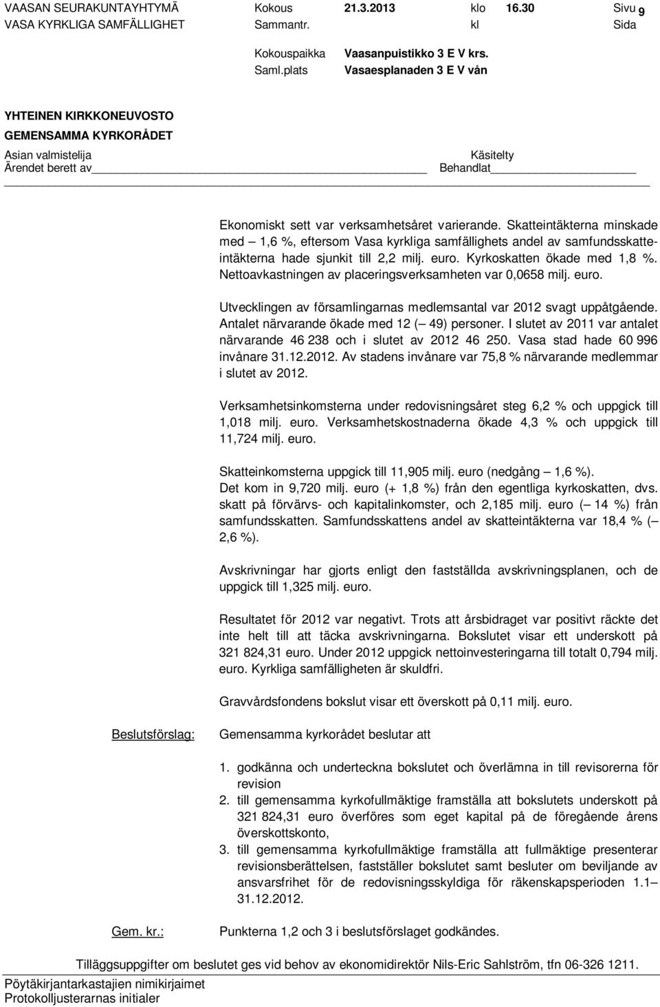 Nettoavkastningen av placeringsverksamheten var 0,0658 milj. euro. Utvecklingen av församlingarnas medlemsantal var 2012 svagt uppåtgående. Antalet närvarande ökade med 12 ( 49) personer.
