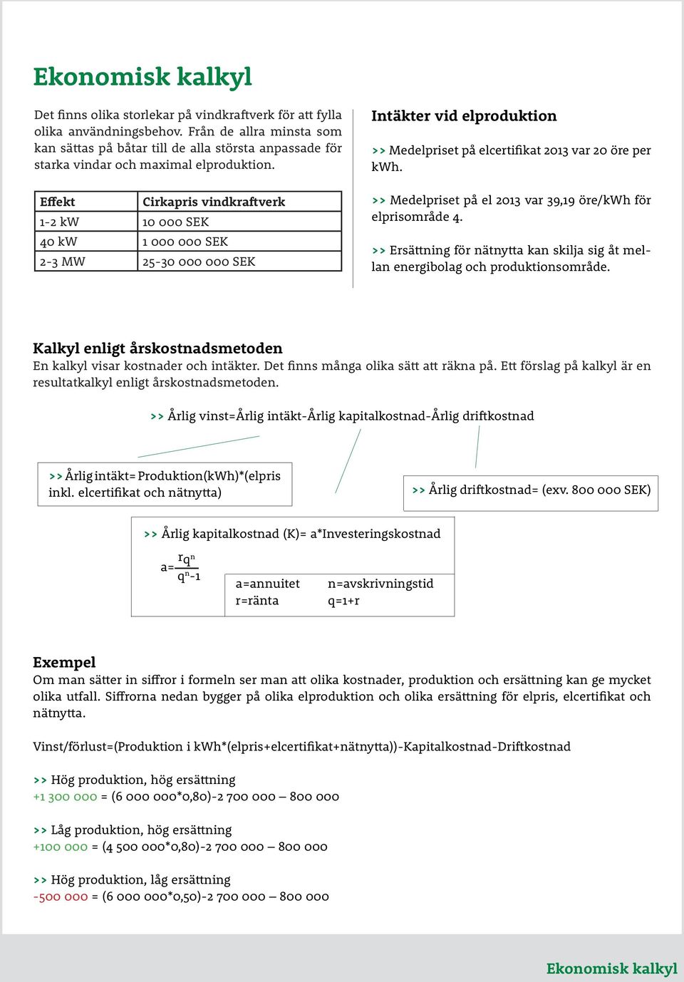 Effekt Cirkapris vindkraftverk 1-2 kw 10 000 SEK 40 kw 1 000 000 SEK 2-3 MW 25-30 000 000 SEK Intäkter vid elproduktion >> Medelpriset på elcertifikat 2013 var 20 öre per kwh.