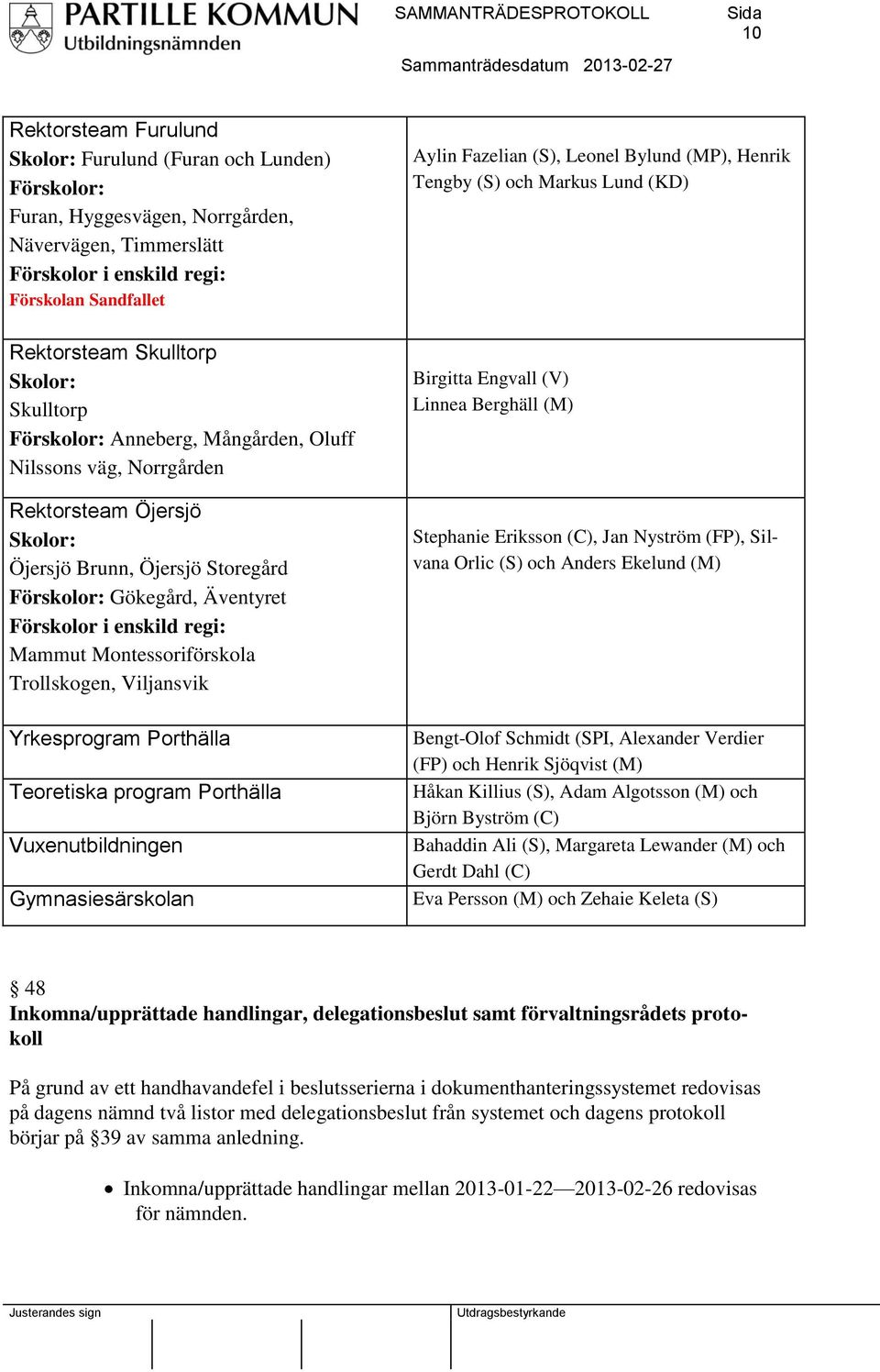 Brunn, Öjersjö Storegård Förskolor: Gökegård, Äventyret Förskolor i enskild regi: Mammut Montessoriförskola Trollskogen, Viljansvik Birgitta Engvall (V) Linnea Berghäll (M) Stephanie Eriksson (C),