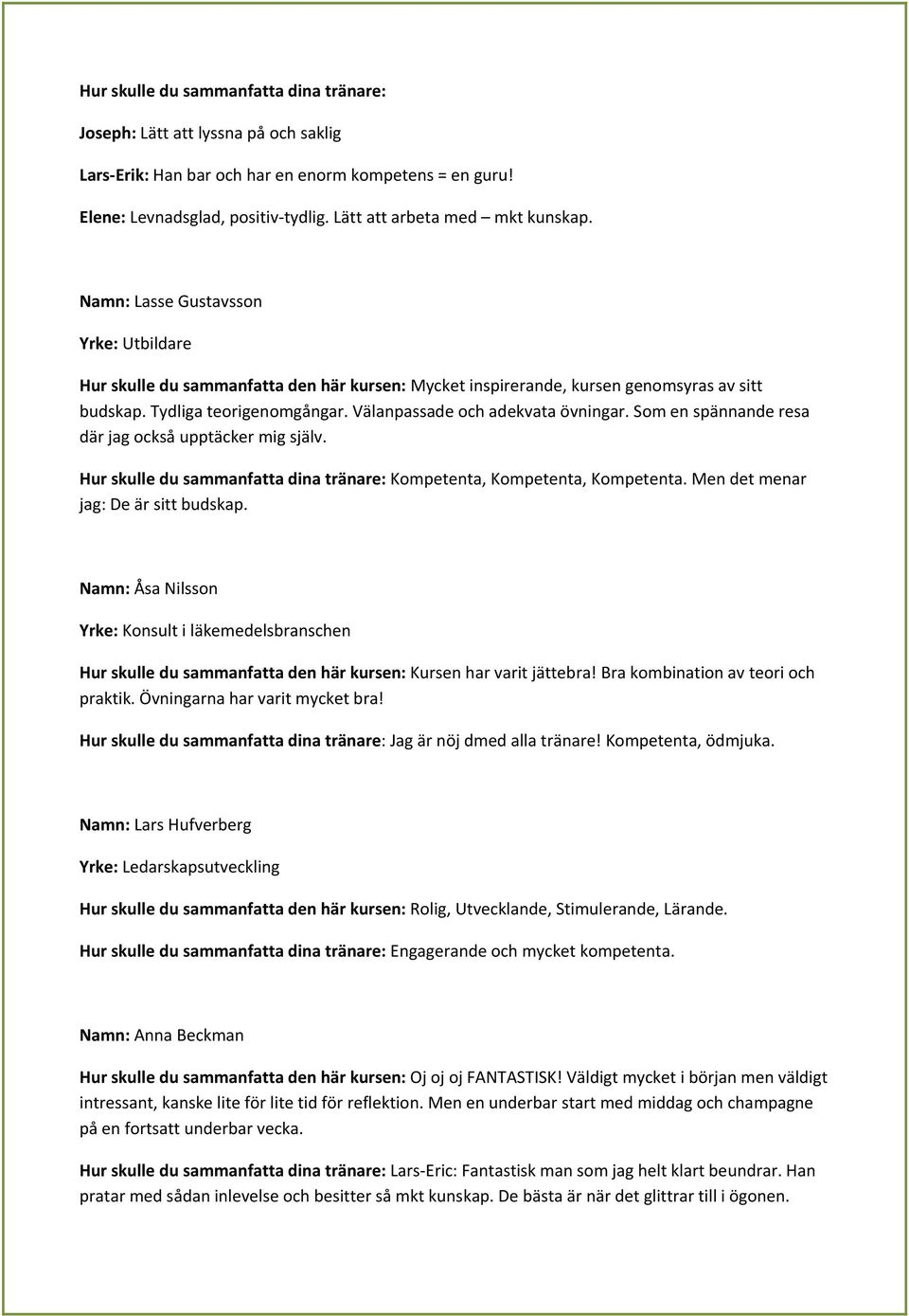 Välanpassade och adekvata övningar. Som en spännande resa där jag också upptäcker mig själv. Hur skulle du sammanfatta dina tränare: Kompetenta, Kompetenta, Kompetenta.