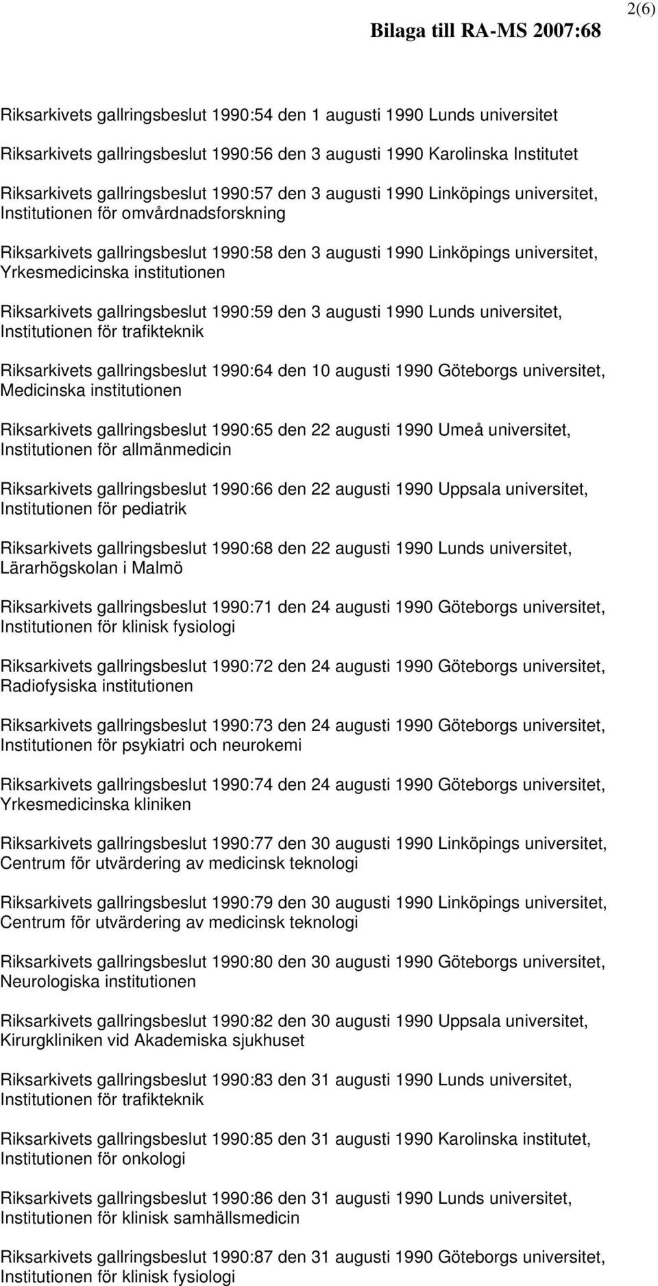 gallringsbeslut 1990:59 den 3 augusti 1990 Lunds universitet, Institutionen för trafikteknik Riksarkivets gallringsbeslut 1990:64 den 10 augusti 1990 Göteborgs universitet, Medicinska institutionen