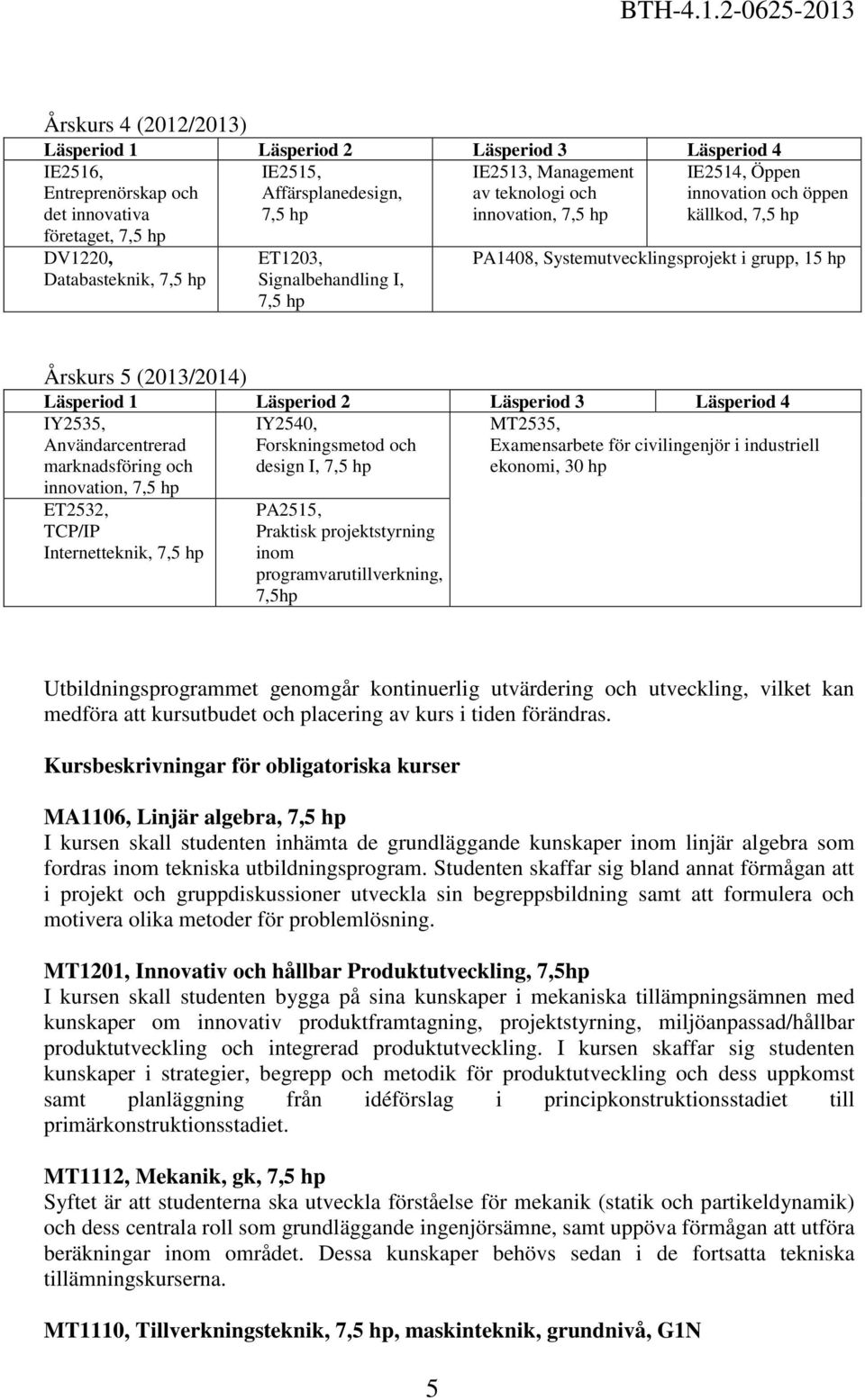 Forskningsmetod och design I, Examensarbete för civilingenjör i industriell ekonomi, 30 hp ET2532, TCP/IP Internetteknik, PA2515, Praktisk projektstyrning inom programvarutillverkning, 7,5hp