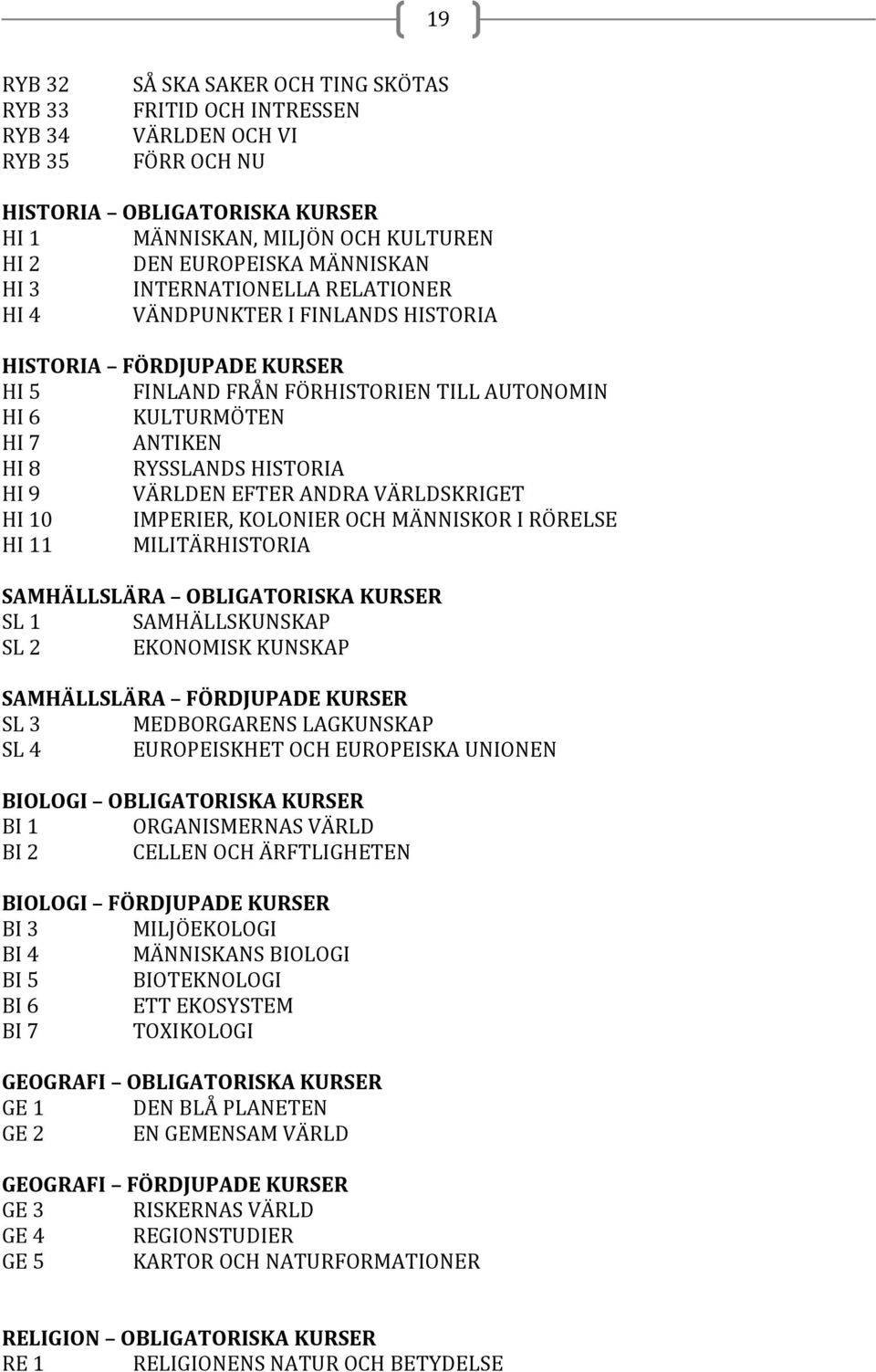 HISTORIA HI 9 VÄRLDEN EFTER ANDRA VÄRLDSKRIGET HI 10 IMPERIER, KOLONIER OCH MÄNNISKOR I RÖRELSE HI 11 MILITÄRHISTORIA SAMHÄLLSLÄRA OBLIGATORISKA KURSER SL 1 SAMHÄLLSKUNSKAP SL 2 EKONOMISK KUNSKAP