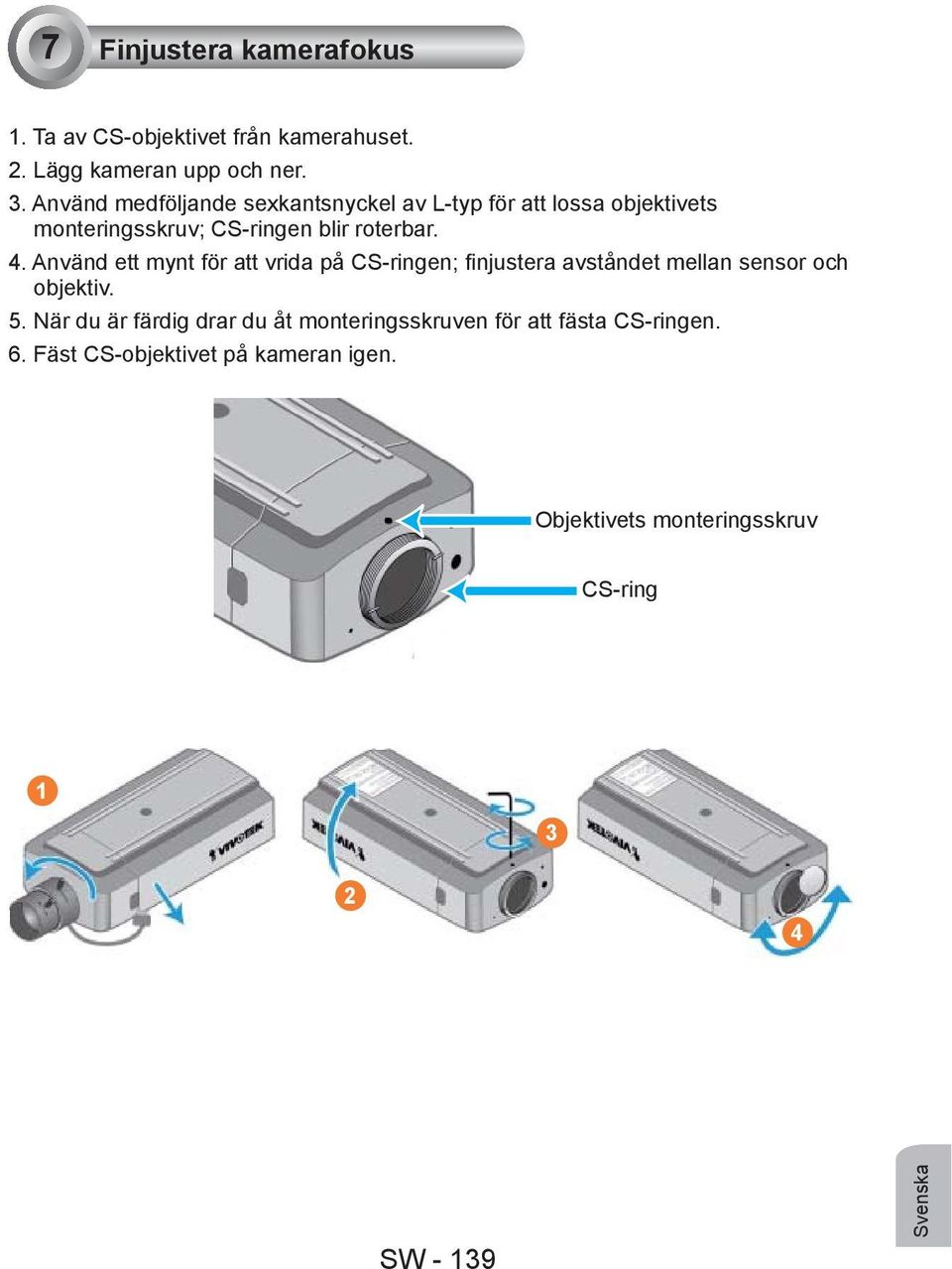Använd ett mynt för att vrida på CS-ringen; finjustera avståndet mellan sensor och objektiv. 5.